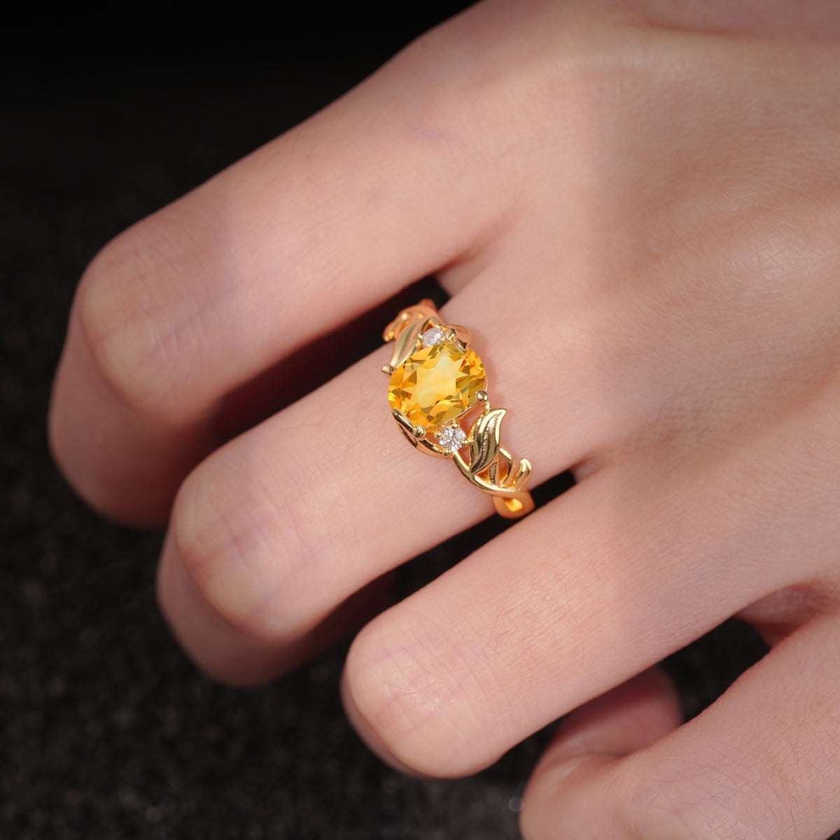 Natural Inspired Oval Cut Leaf Vine Side Stone Citrine Engagement Ring - Additional view