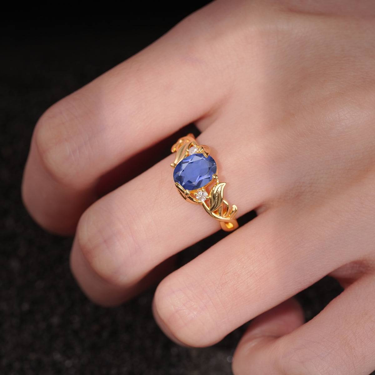 Natural Inspired Oval Cut Leaf Vine Side Stone Tanzanite Engagement Ring - Additional view