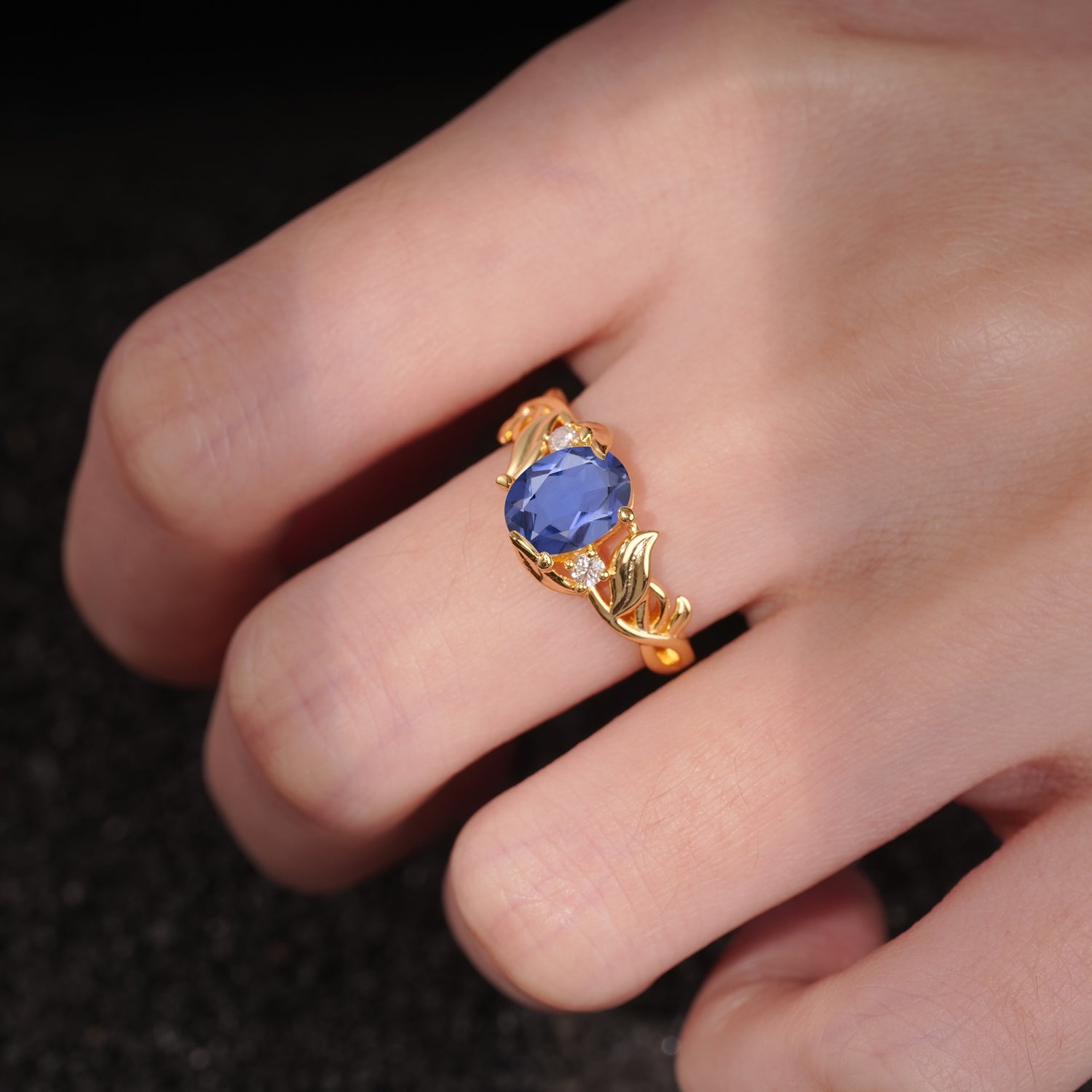 Natural Inspired Oval Cut Leaf Vine Side Stone Tanzanite Engagement Ring - Additional view