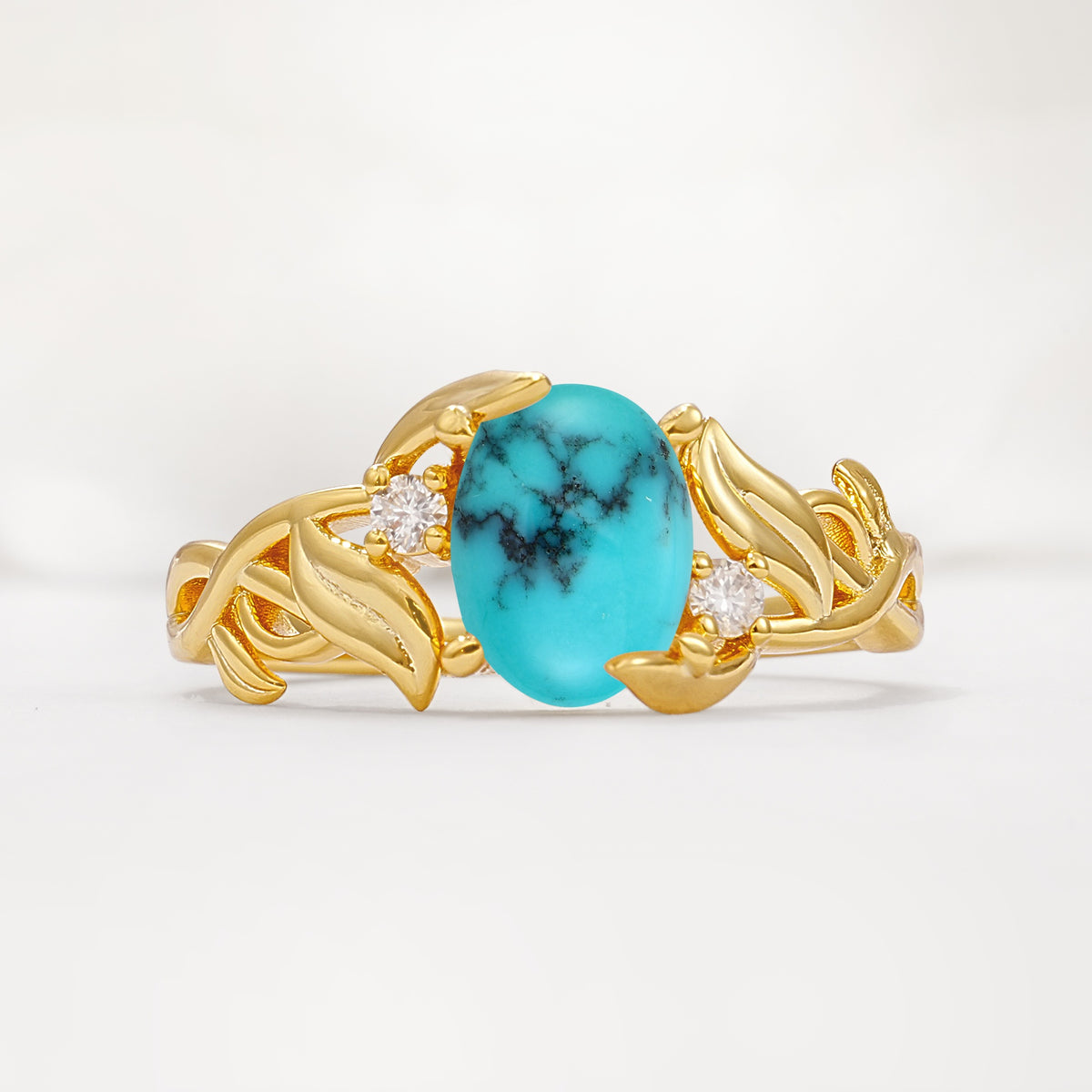 Natural Inspired Oval Cut Leaf Vine Side Stone Turquoise Engagement Ring - Additional view