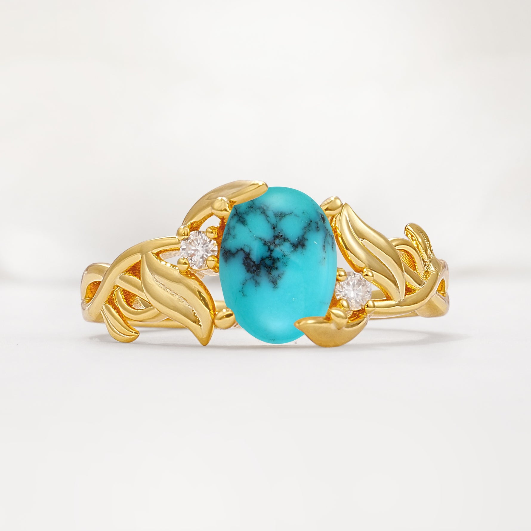 Natural Inspired Oval Cut Leaf Vine Side Stone Turquoise Engagement Ring - Additional view