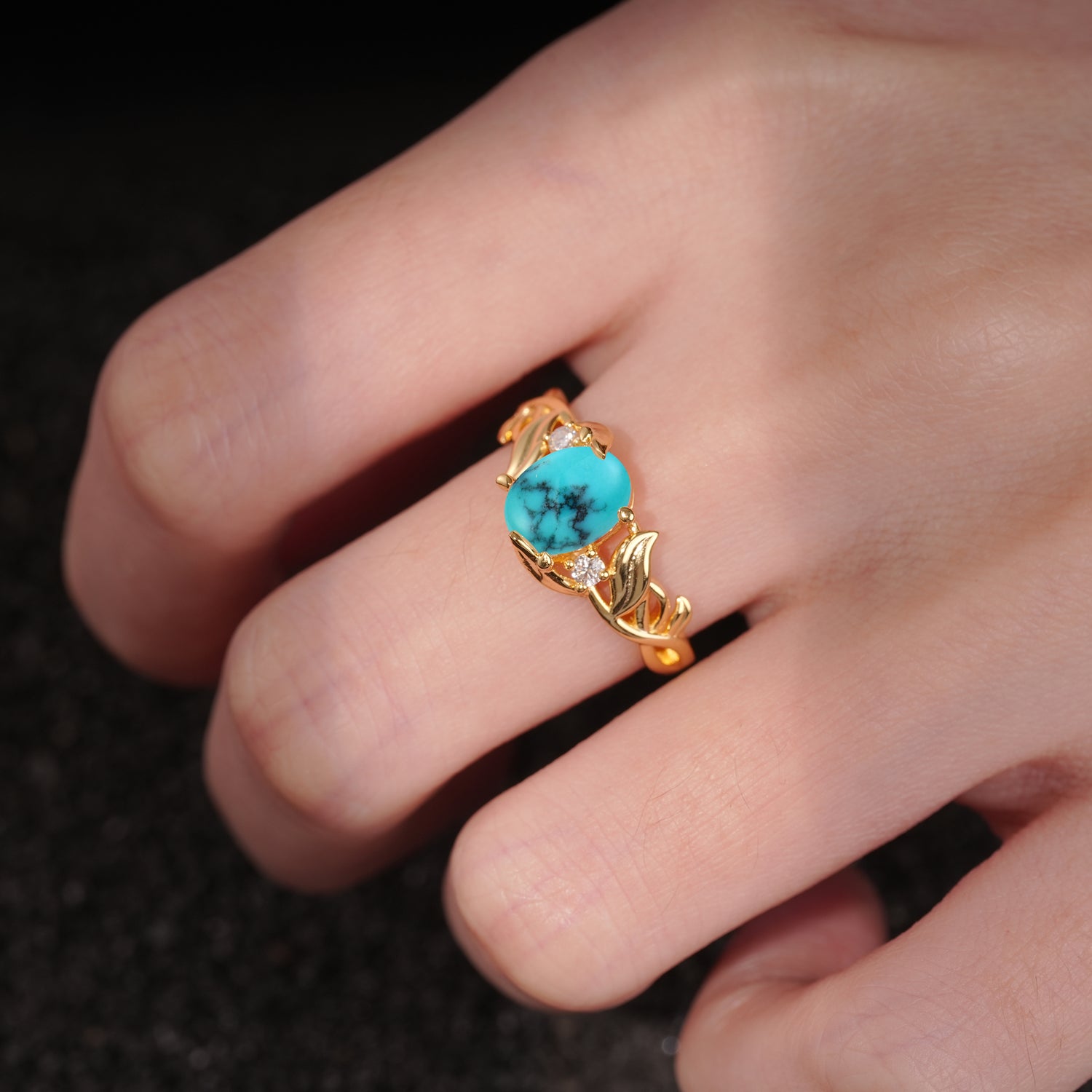 Natural Inspired Oval Cut Leaf Vine Side Stone Turquoise Engagement Ring