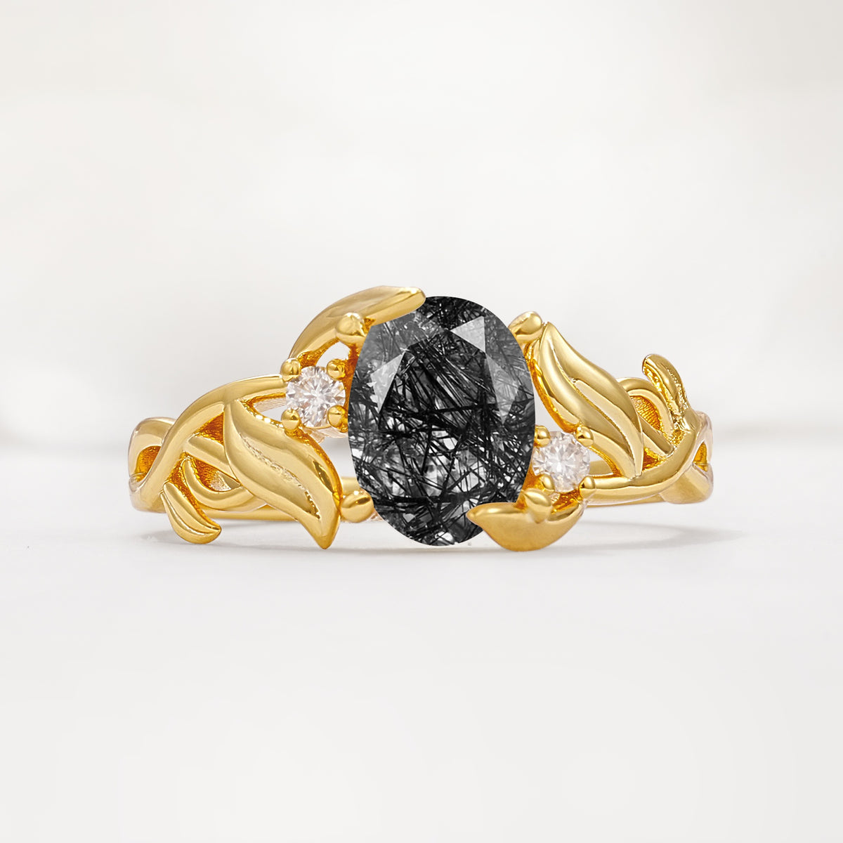 Natural Inspired Oval Cut Leaf Vine Side Stone Black Rutilated Quartz Engagement Ring - Additional view