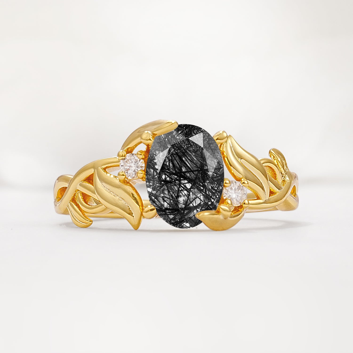 Natural Inspired Oval Cut Leaf Vine Side Stone Black Rutilated Quartz Engagement Ring - Additional view