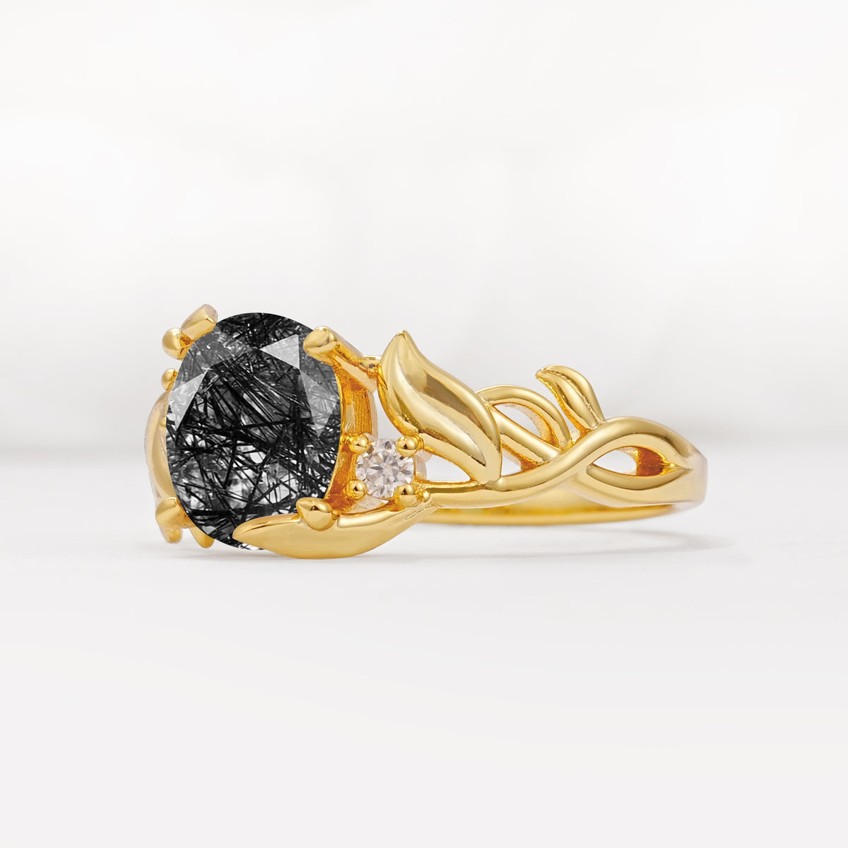Natural Inspired Oval Cut Leaf Vine Side Stone Black Rutilated Quartz Engagement Ring - Additional view