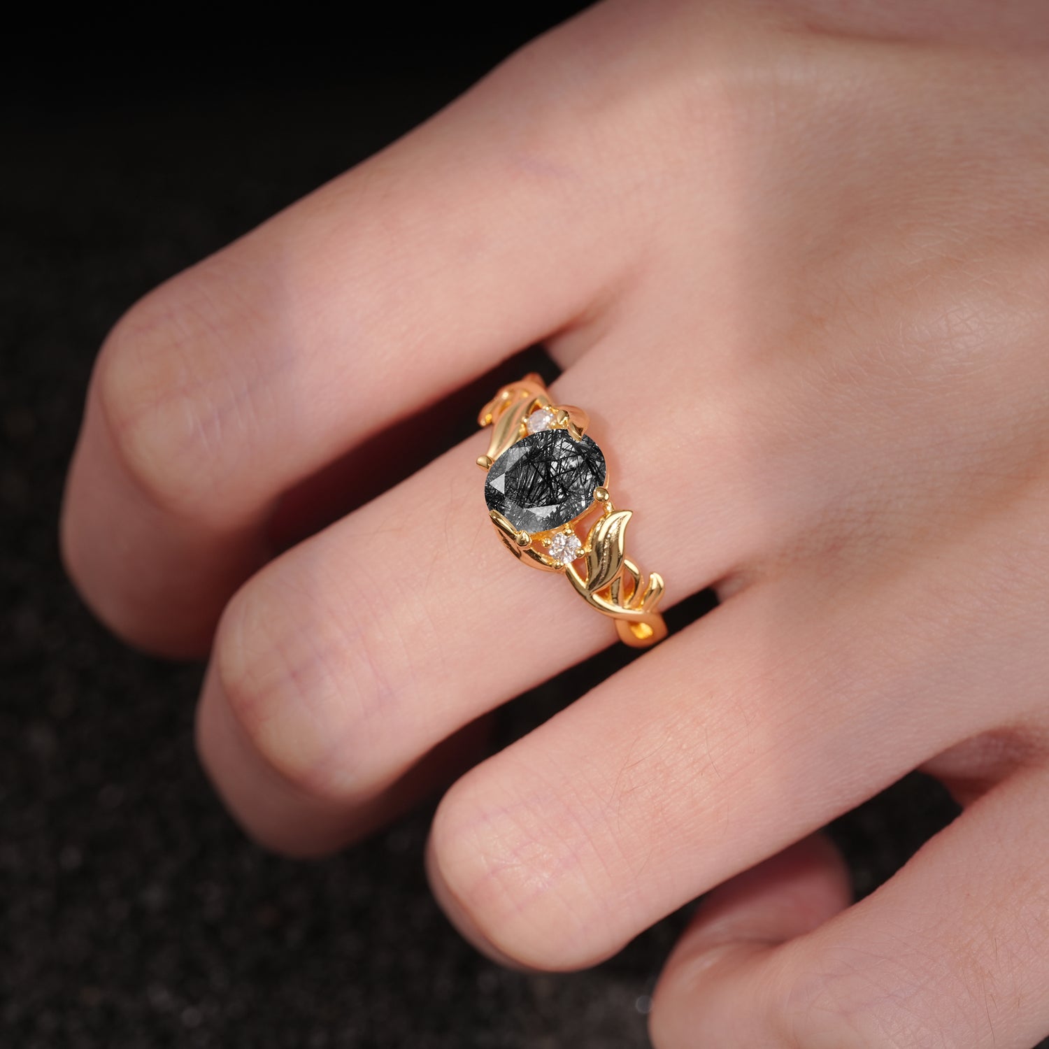 Natural Inspired Oval Cut Leaf Vine Side Stone Black Rutilated Quartz Engagement Ring