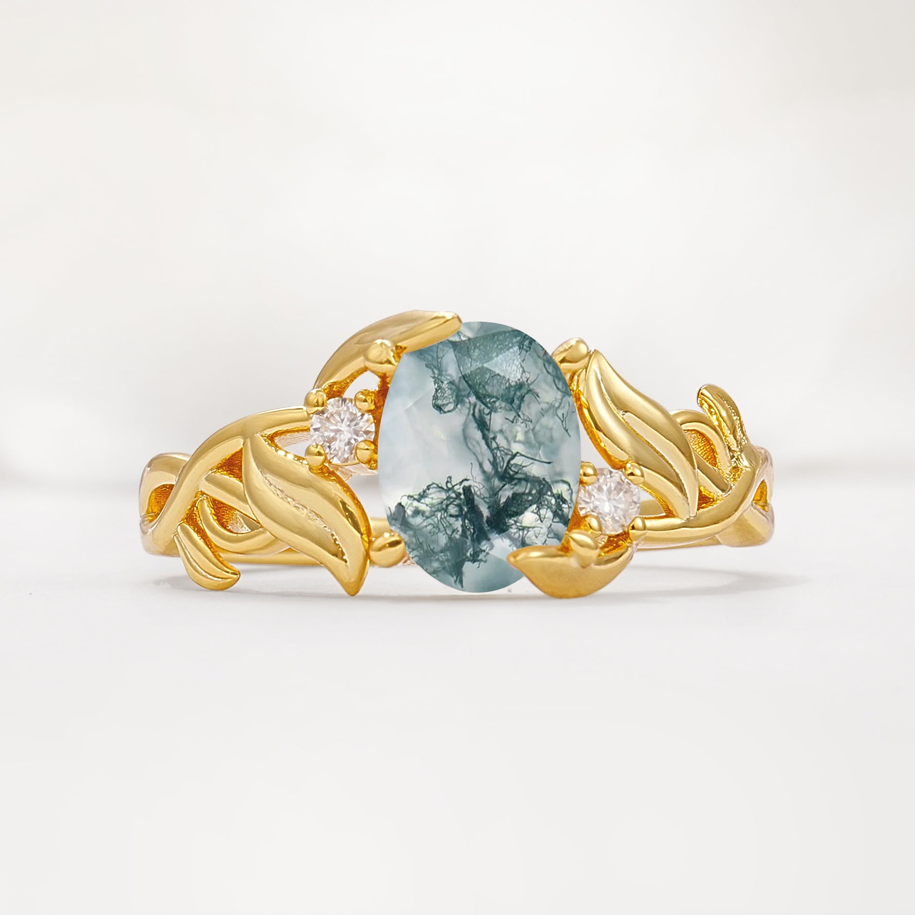 Natural Inspired Oval Cut Leaf Vine Side Stone Moss Agate Engagement Ring - Additional view