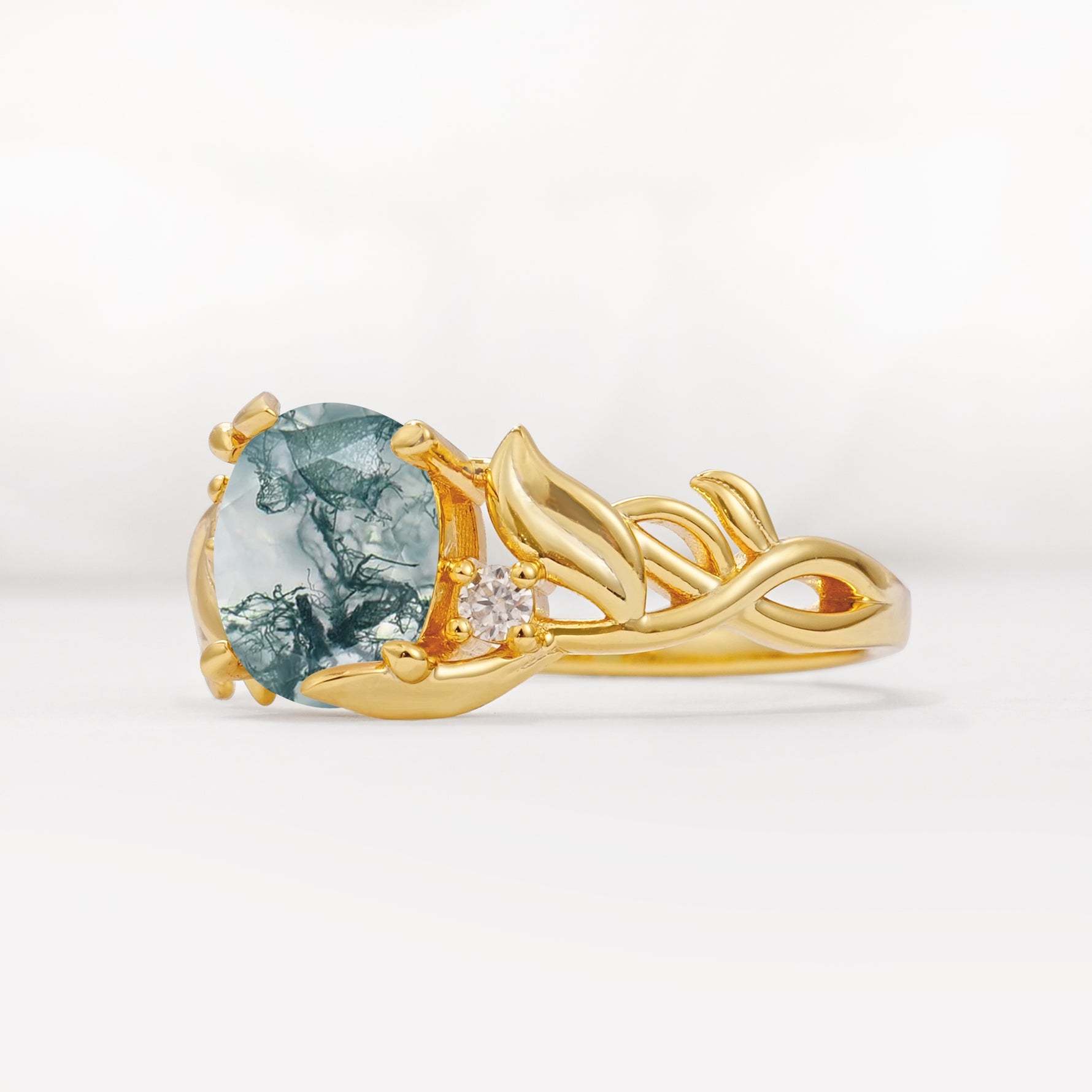 Natural Inspired Oval Cut Leaf Vine Side Stone Moss Agate Engagement Ring - Additional view