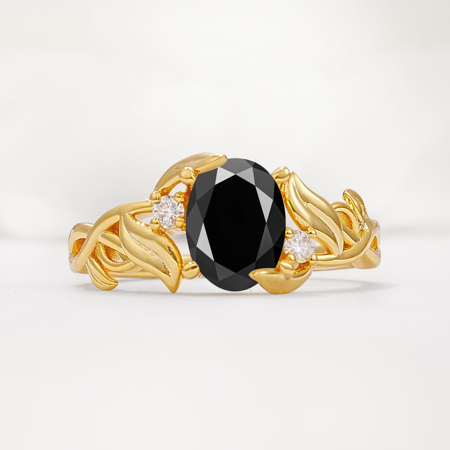 Natural Inspired Oval Cut Leaf Vine Side Stone Black Onyx Engagement Ring