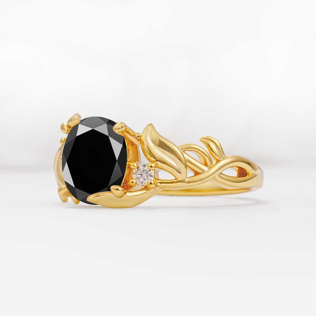 Natural Inspired Oval Cut Leaf Vine Side Stone Black Onyx Engagement Ring - Additional view