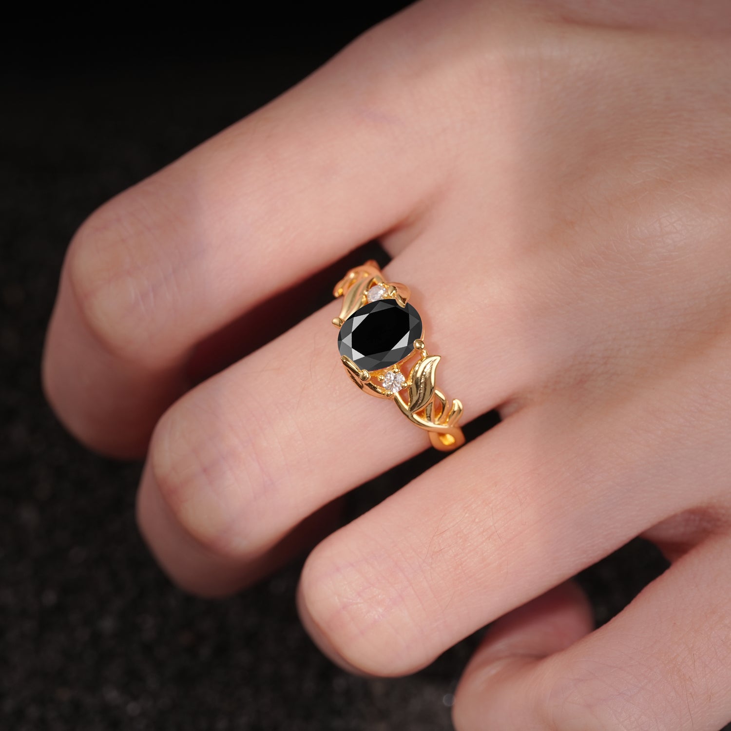 Natural Inspired Oval Cut Leaf Vine Side Stone Black Onyx Engagement Ring