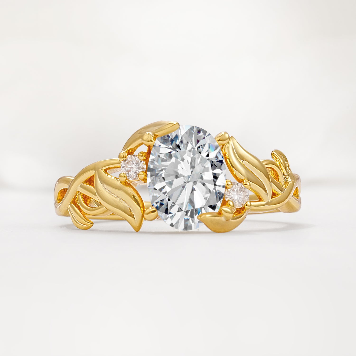Natural Inspired Oval Cut Leaf Vine Side Stone Lab Diamond Engagement Ring