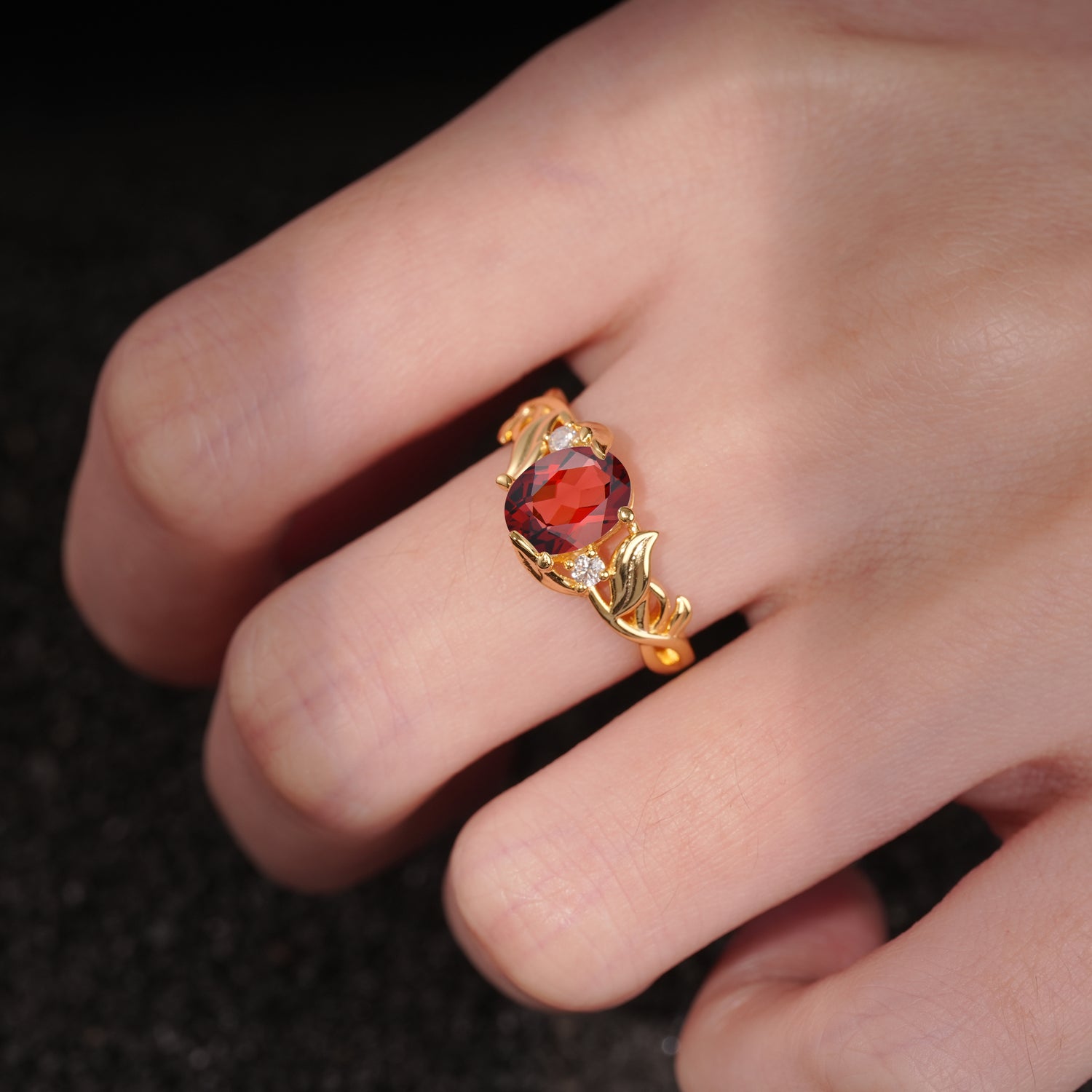 Natural Inspired Oval Cut Leaf Vine Side Stone Garnet Engagement Ring