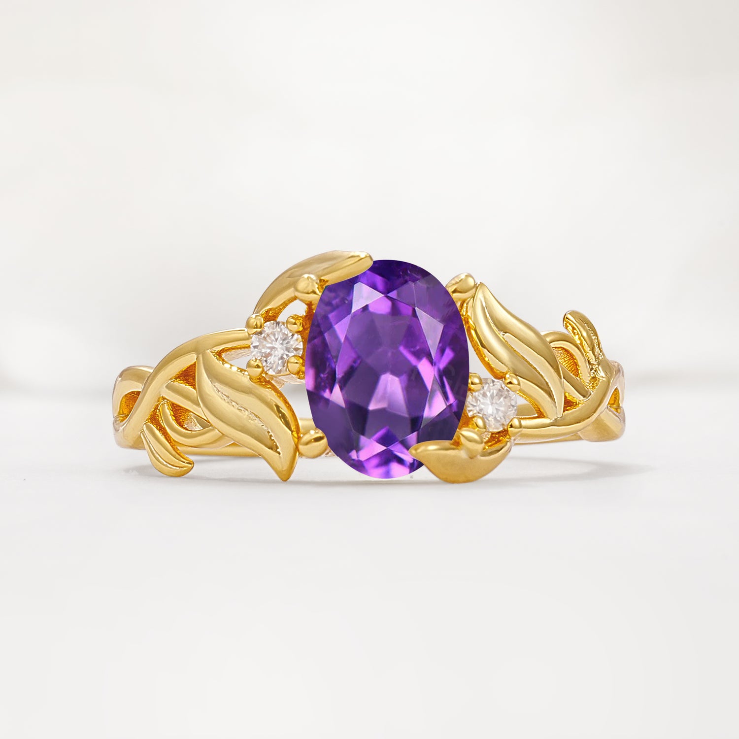 Natural Inspired Oval Cut Leaf Vine Side Stone Amethyst Engagement Ring