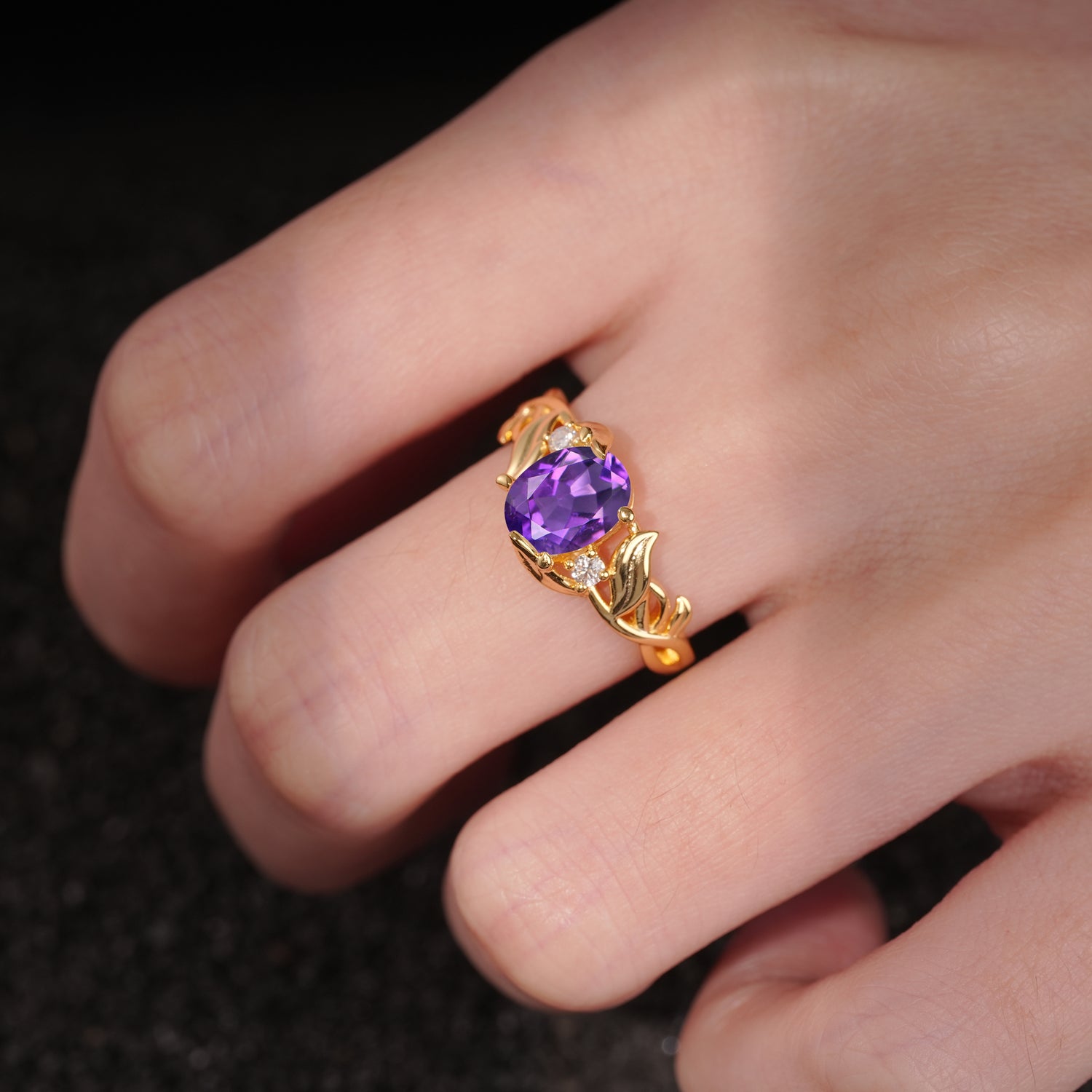 Natural Inspired Oval Cut Leaf Vine Side Stone Amethyst Engagement Ring