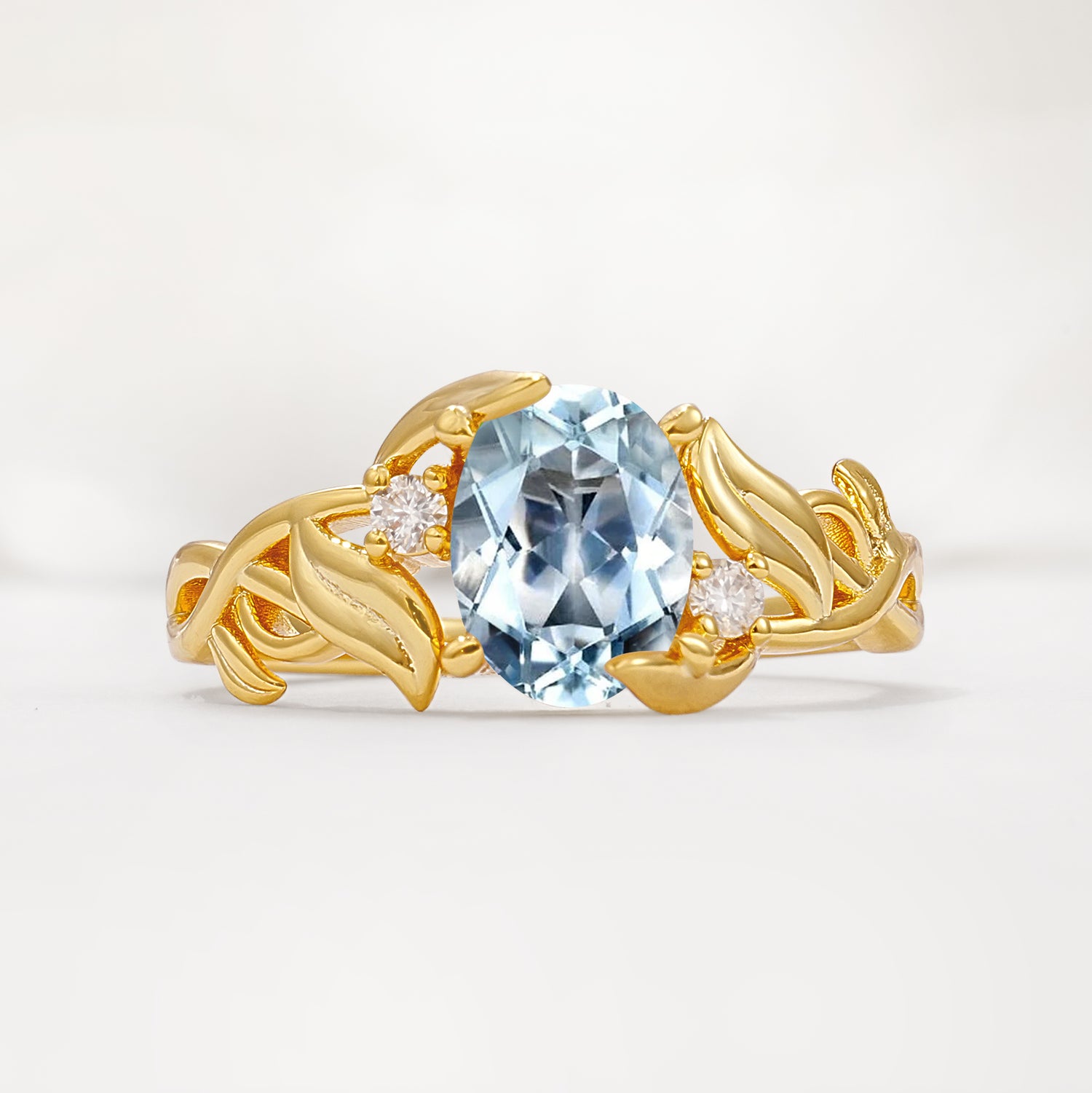 Natural Inspired Oval Cut Leaf Vine Side Stone Aquamarine Engagement Ring