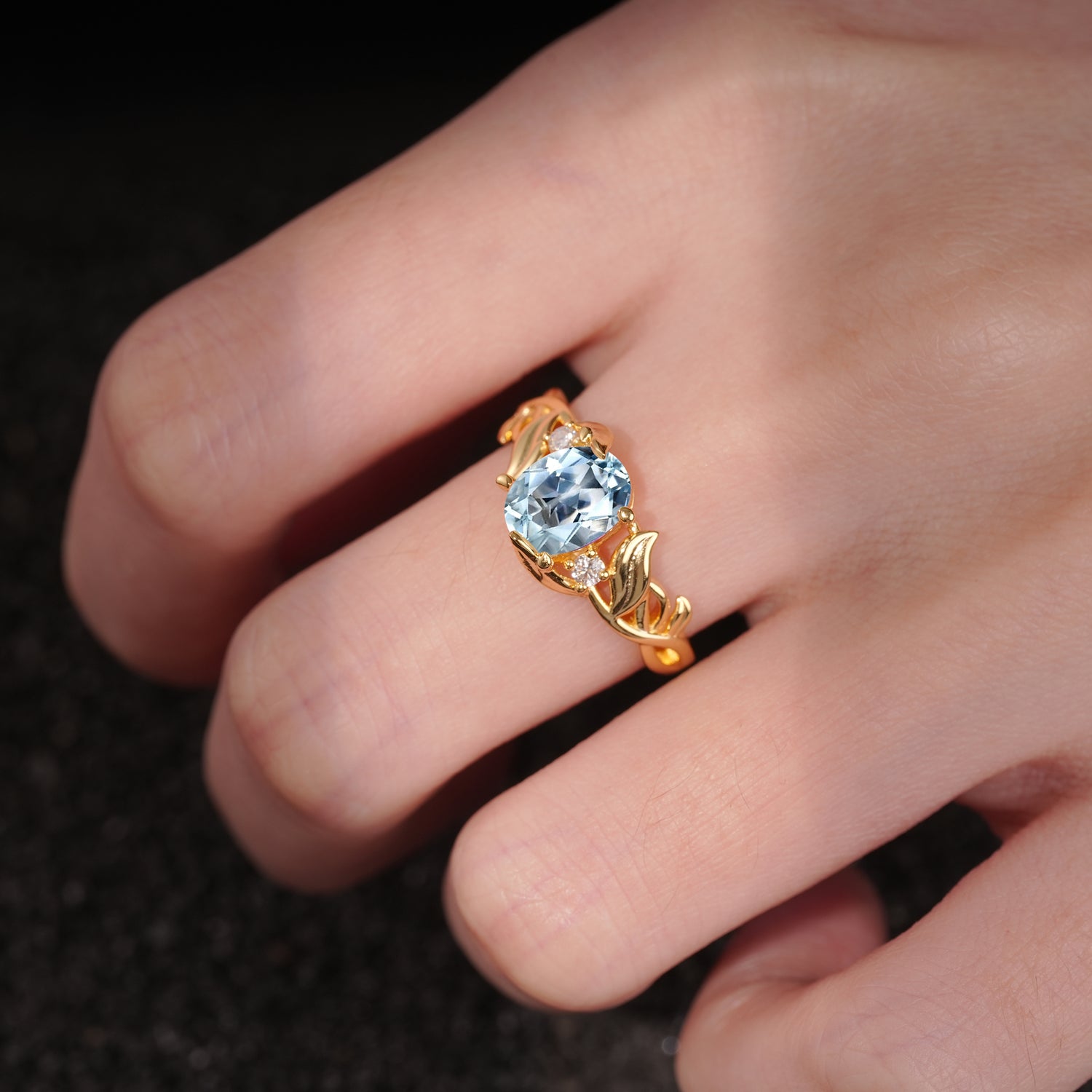 Natural Inspired Oval Cut Leaf Vine Side Stone Aquamarine Engagement Ring