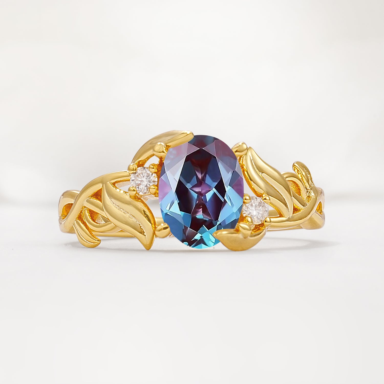 Natural Inspired Oval Cut Leaf Vine Side Stone Alexandrite Engagement Ring