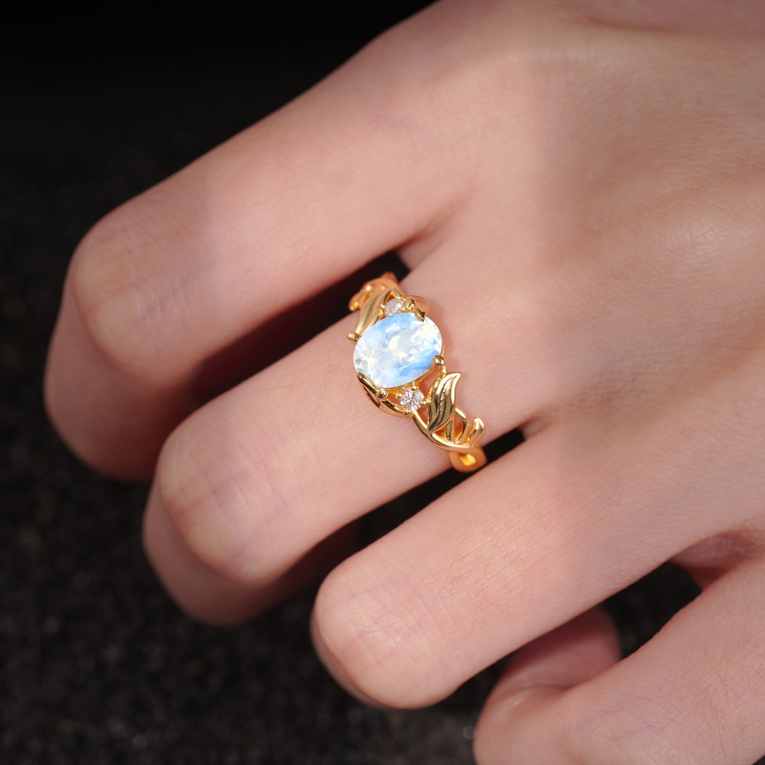 Natural Inspired Oval Cut Leaf Vine Side Stone Moonstone Engagement Ring