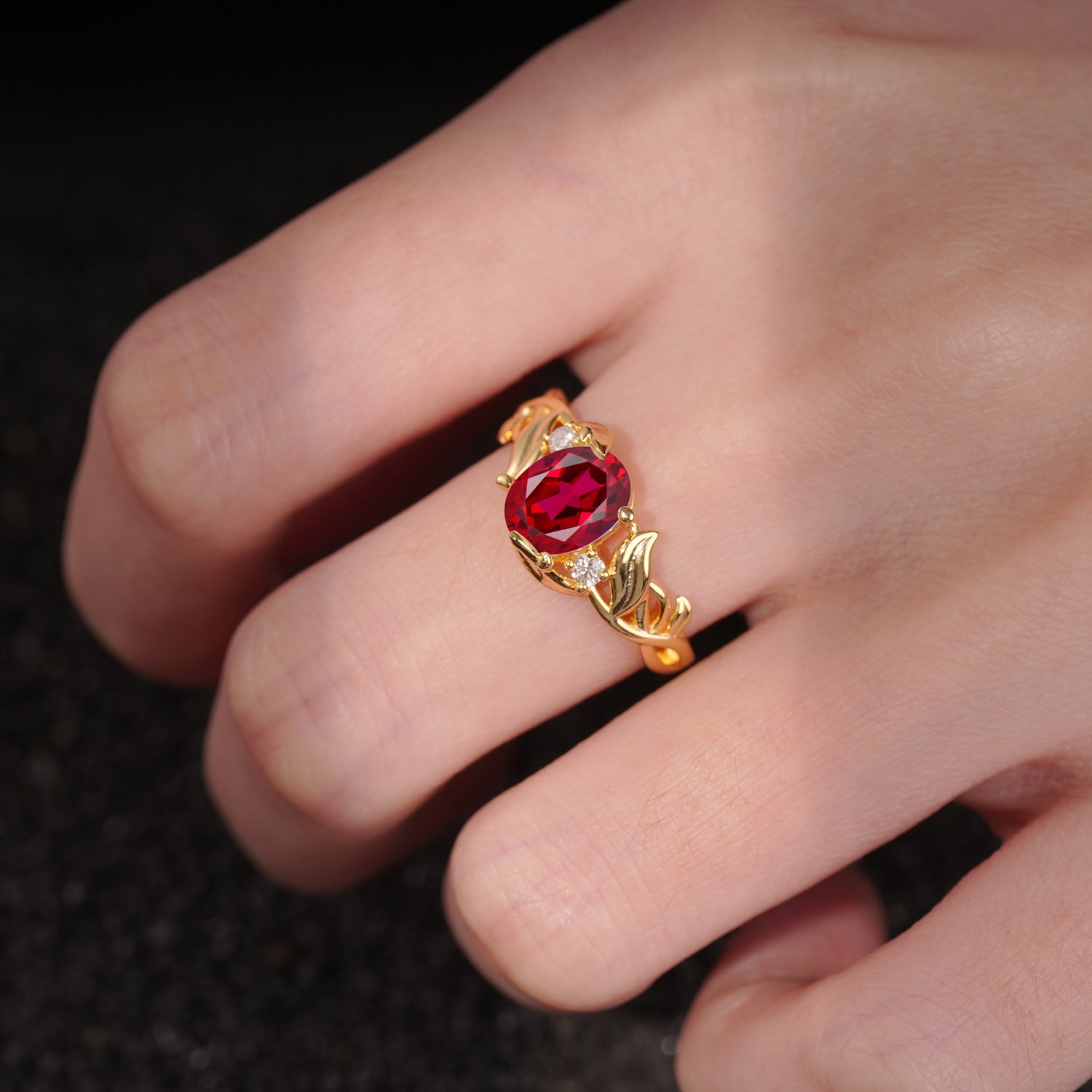 Natural Inspired Oval Cut Leaf Vine Side Stone Ruby Engagement Ring