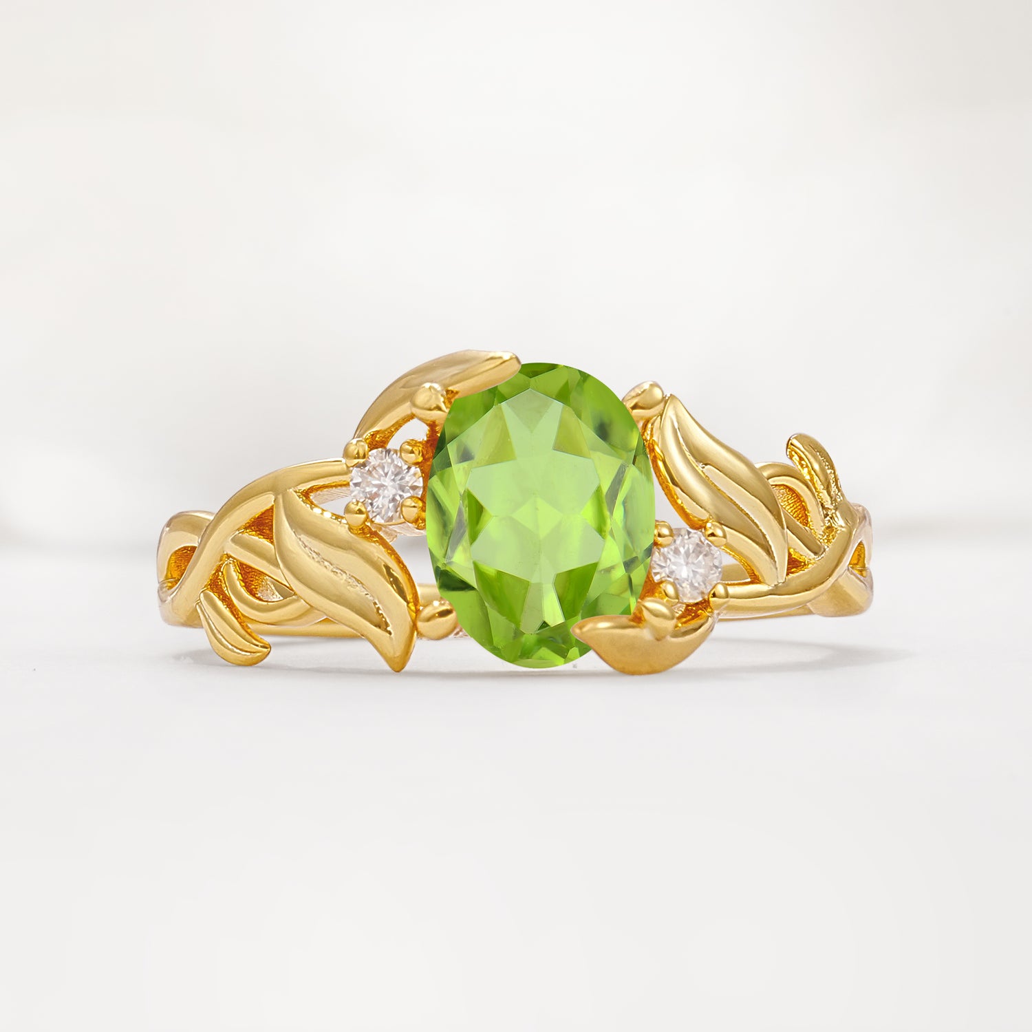 Natural Inspired Oval Cut Leaf Vine Side Stone Peridot Engagement Ring