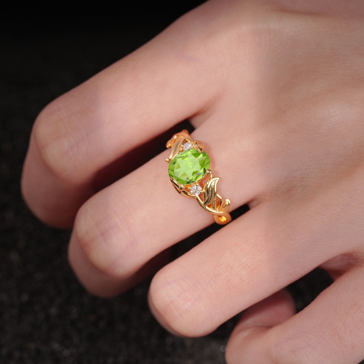 Natural Inspired Oval Cut Leaf Vine Side Stone Peridot Engagement Ring