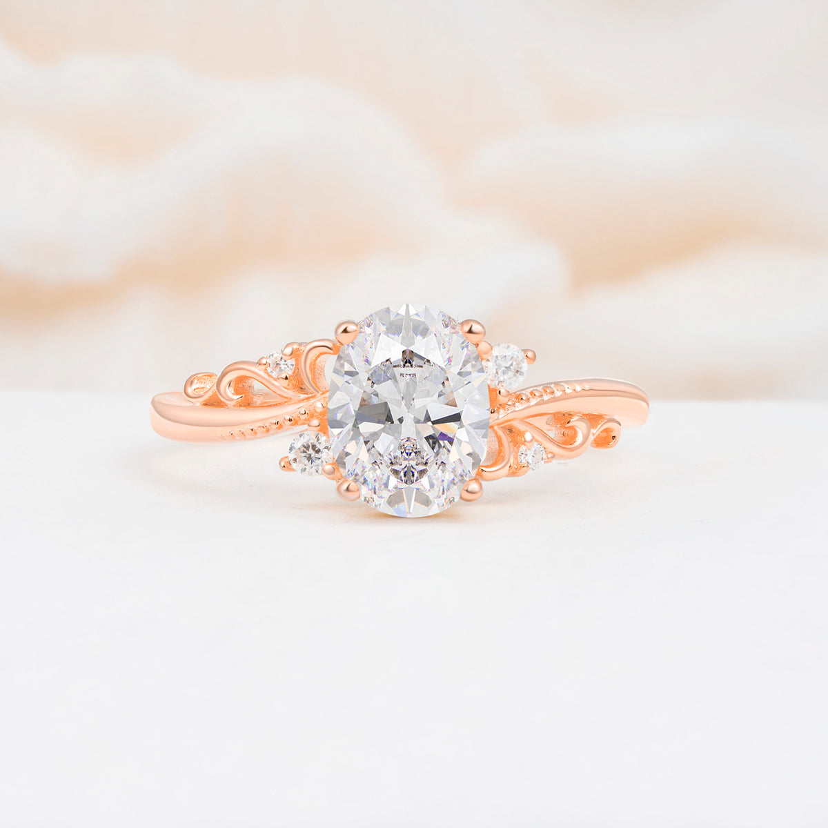 Romantic Oval Cut Twisted Scroll Side Stone Moissanite Engagement Ring - Additional view