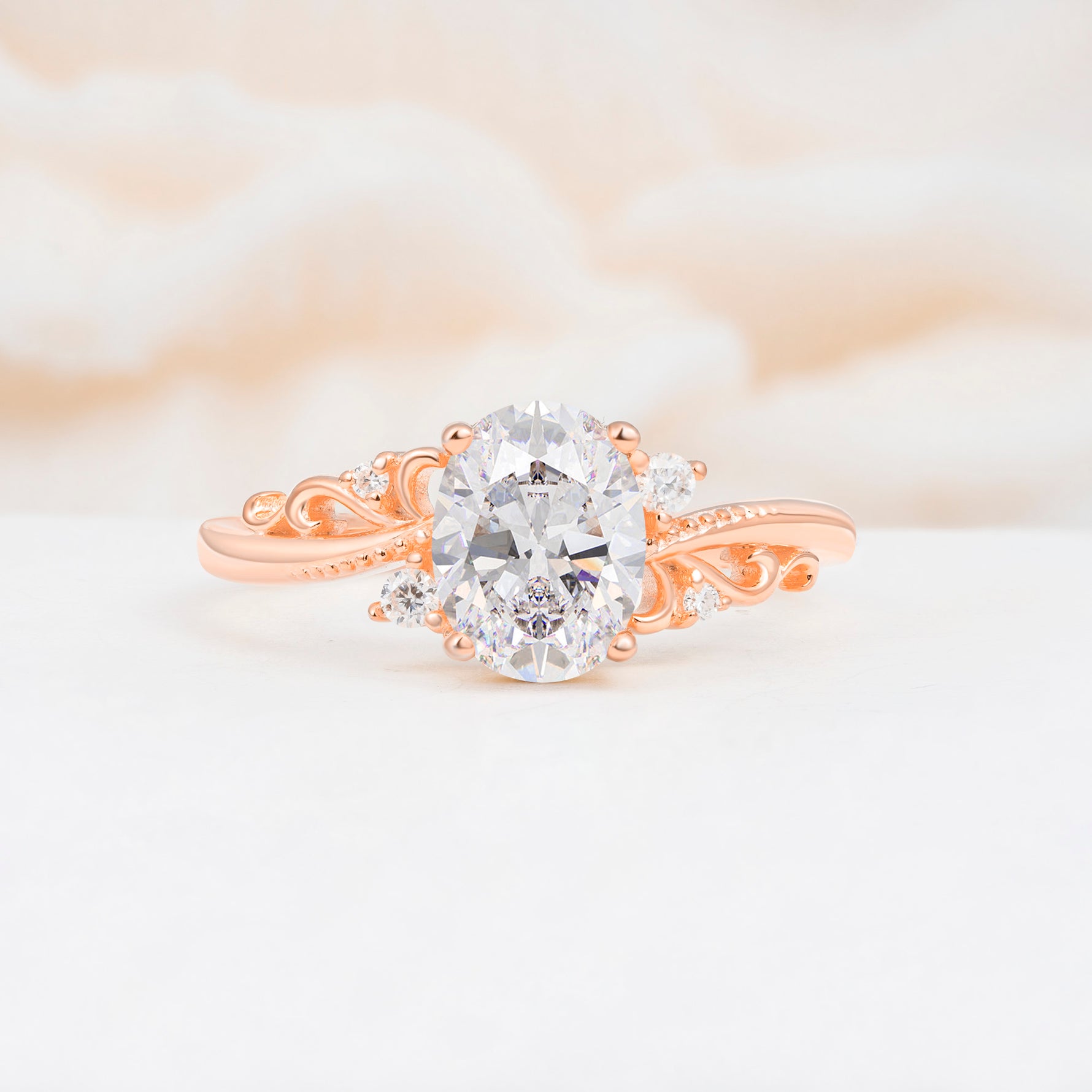 Romantic Oval Cut Twisted Scroll Side Stone Moissanite Engagement Ring - Additional view