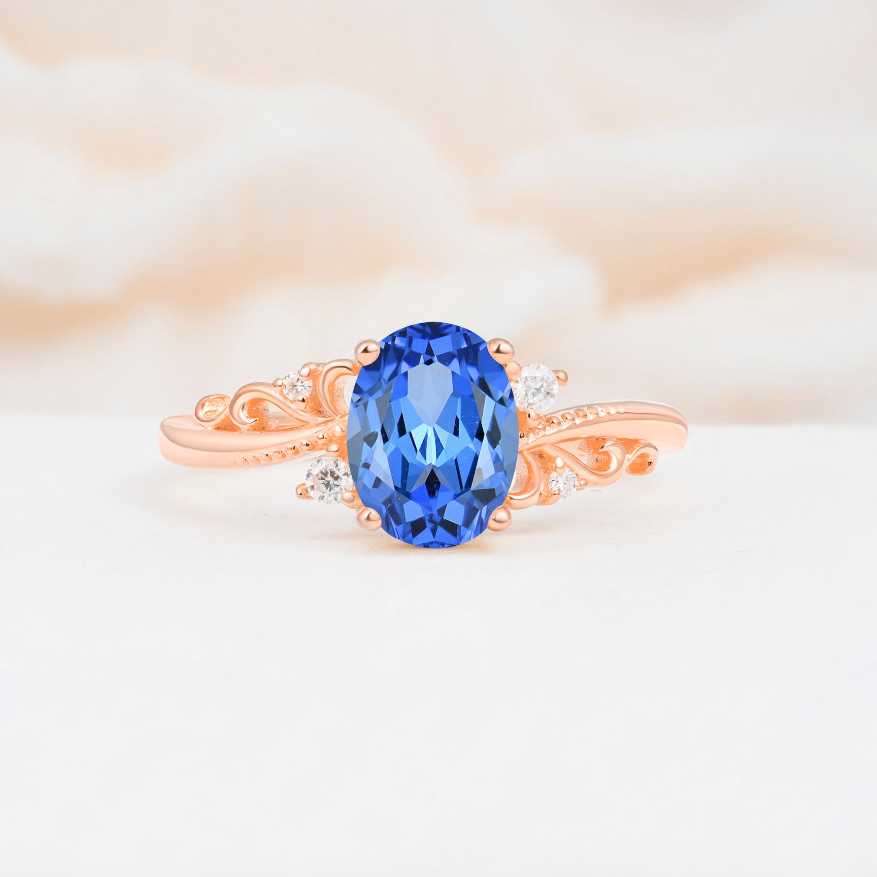 Romantic Oval Cut Twisted Scroll Side Stone Sapphire Engagement Ring - Additional view