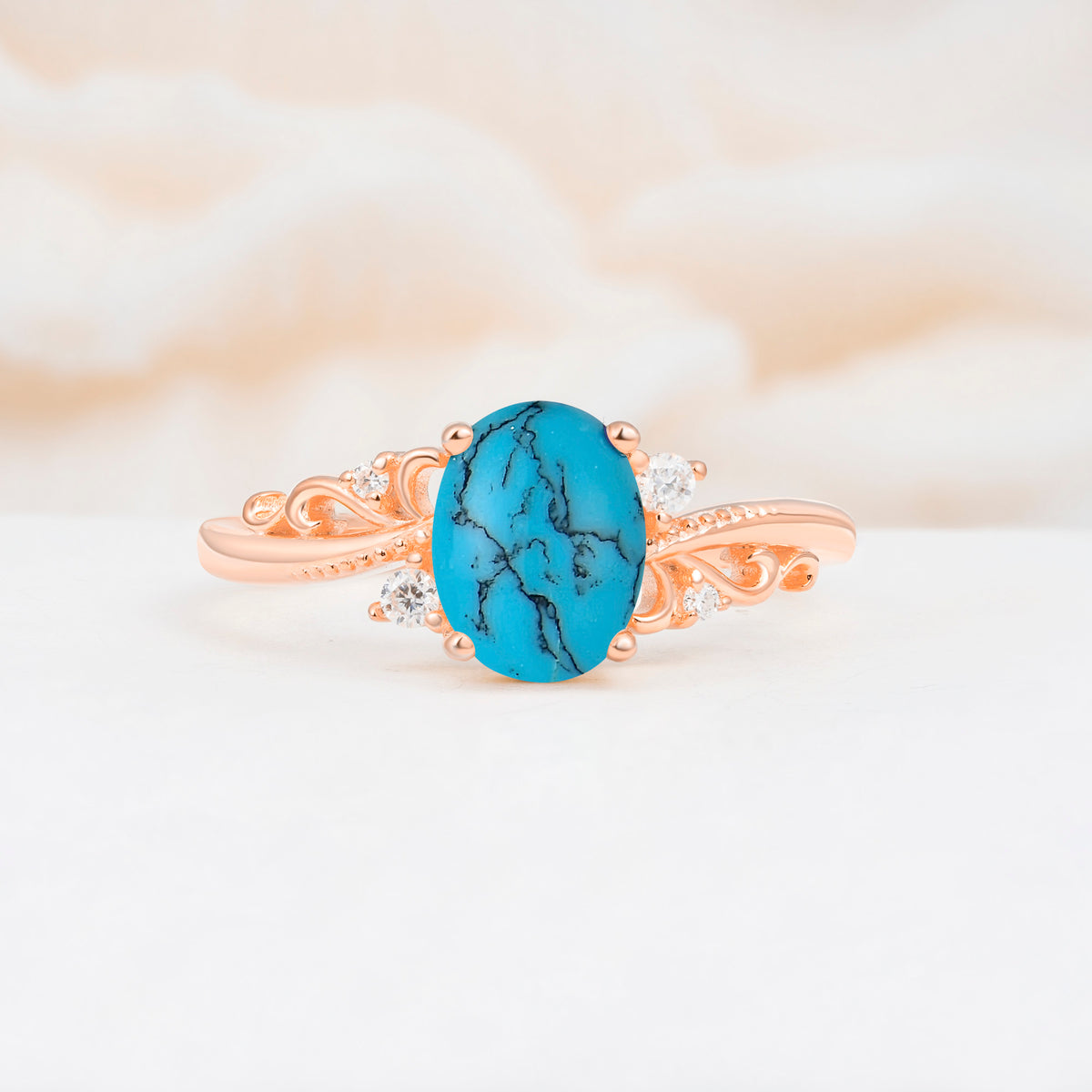 Romantic Oval Cut Twisted Scroll Side Stone Turquoise Engagement Ring - Additional view