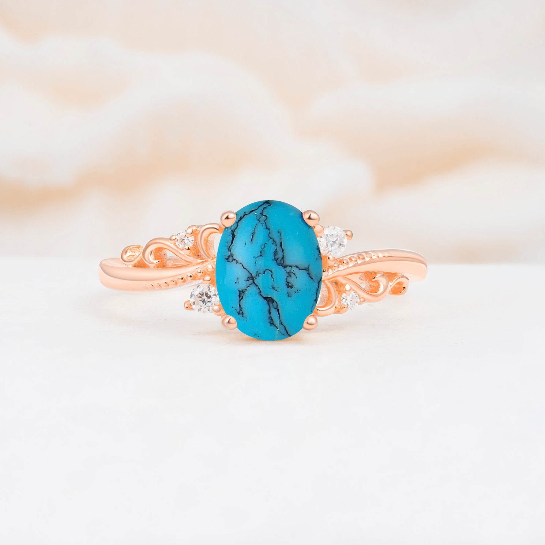 Romantic Oval Cut Twisted Scroll Side Stone Turquoise Engagement Ring - Additional view