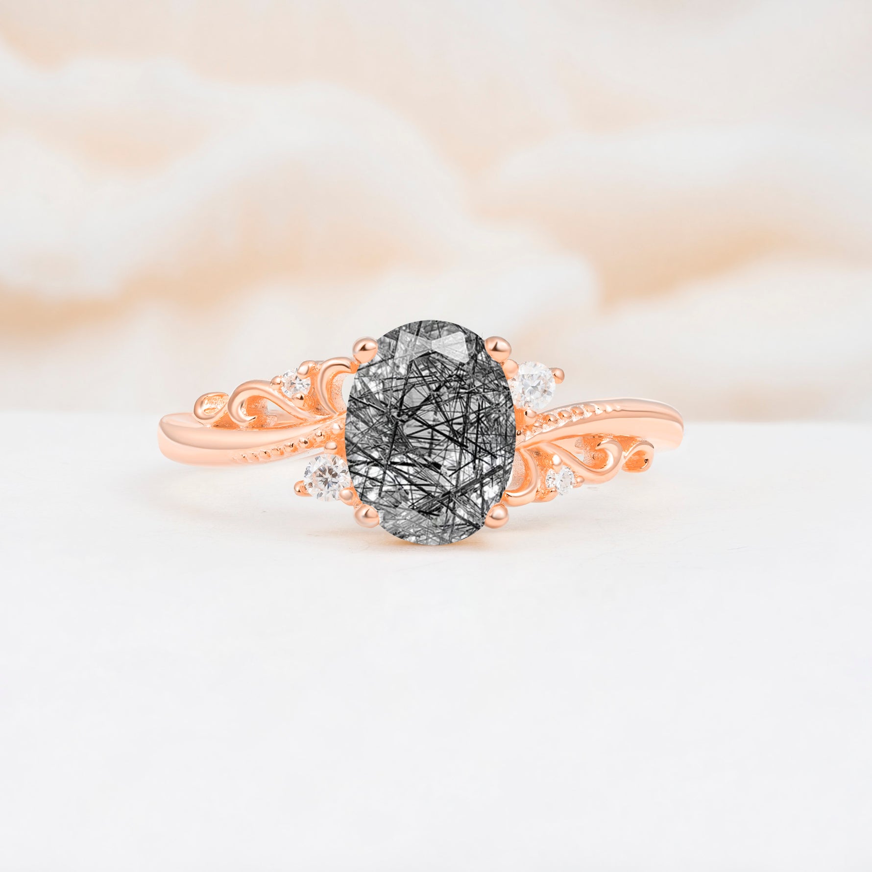 Romantic Oval Cut Twisted Scroll Side Stone Black Rutilated Quartz Engagement Ring - Additional view
