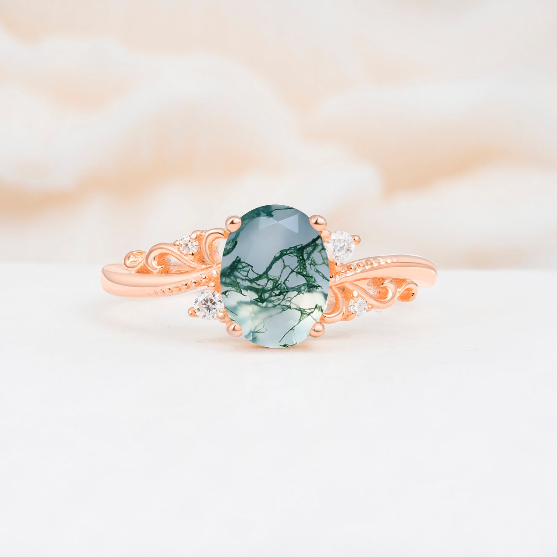 Romantic Oval Cut Twisted Scroll Side Stone Moss Agate Engagement Ring - Additional view