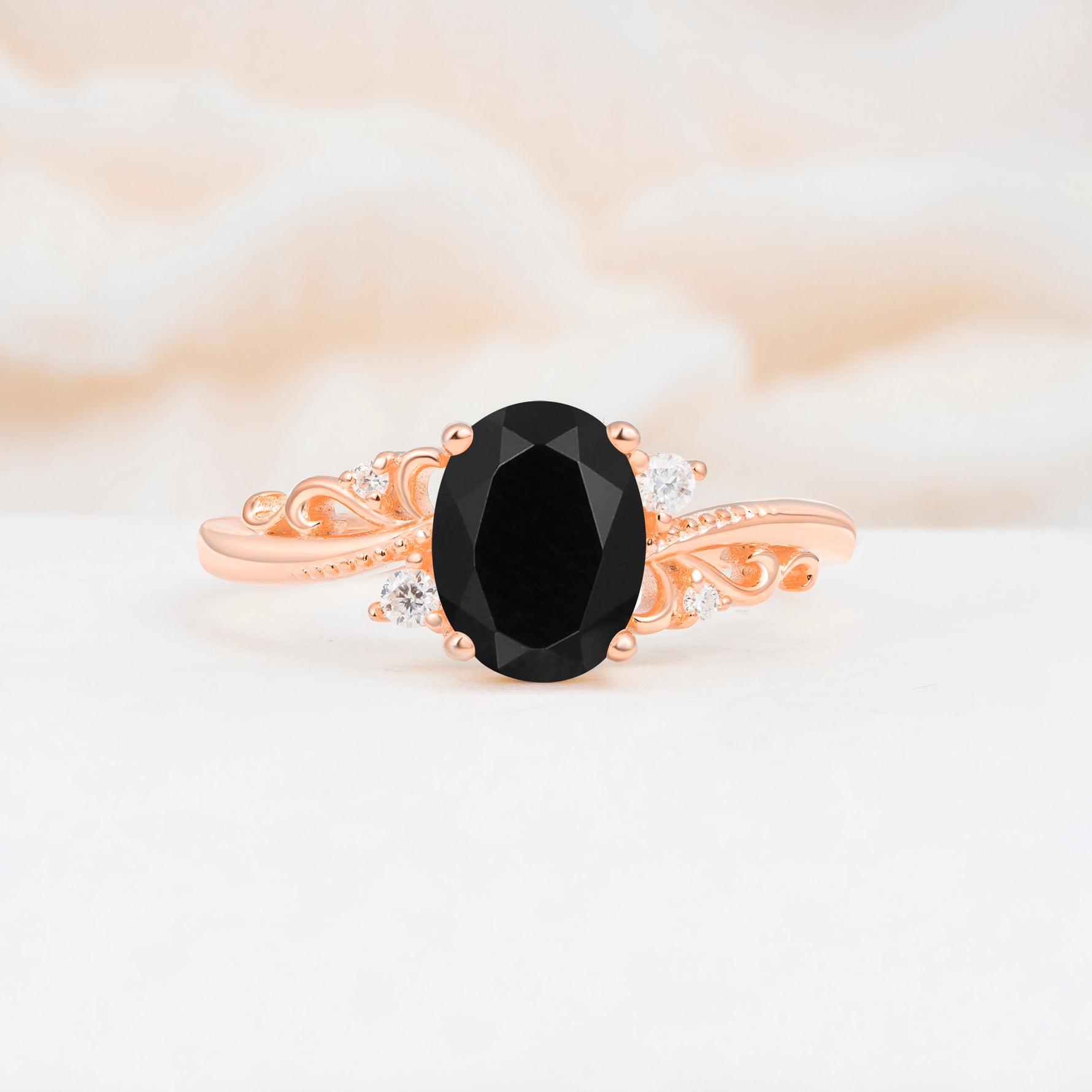 Romantic Oval Cut Twisted Scroll Side Stone Black Onyx Engagement Ring - Additional view