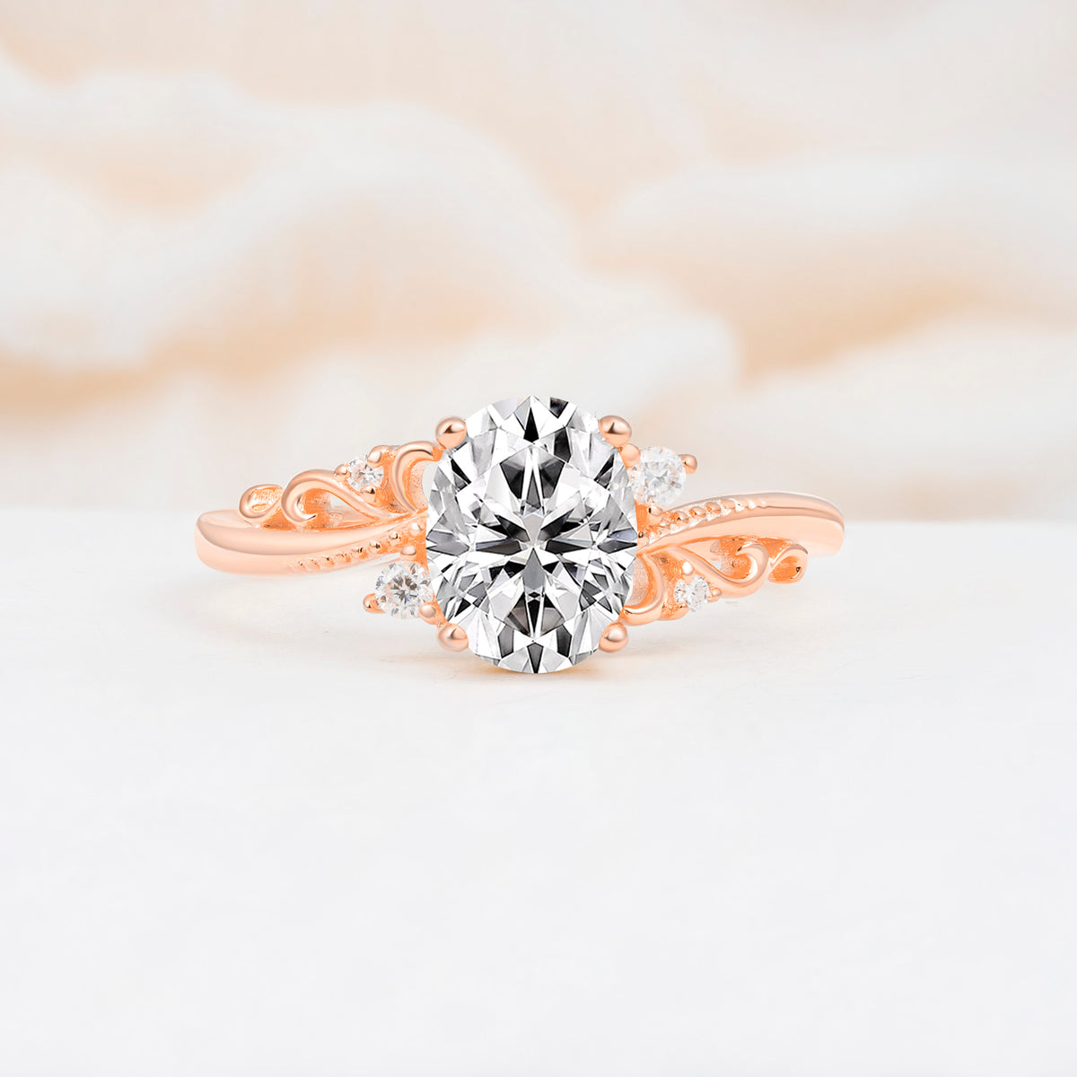 Romantic Oval Cut Twisted Scroll Side Stone Lab Diamond Engagement Ring - Additional view
