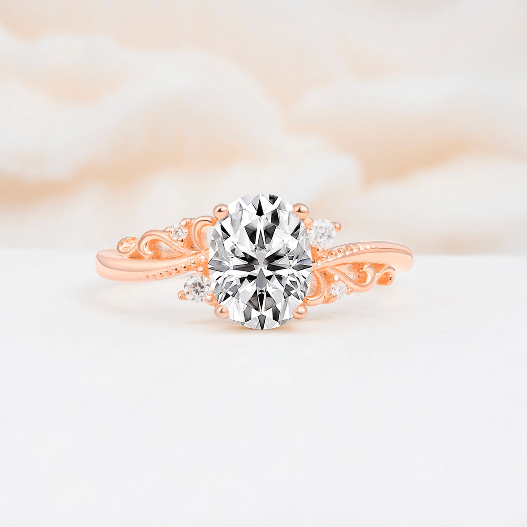 Romantic Oval Cut Twisted Scroll Side Stone Lab Diamond Engagement Ring - Additional view
