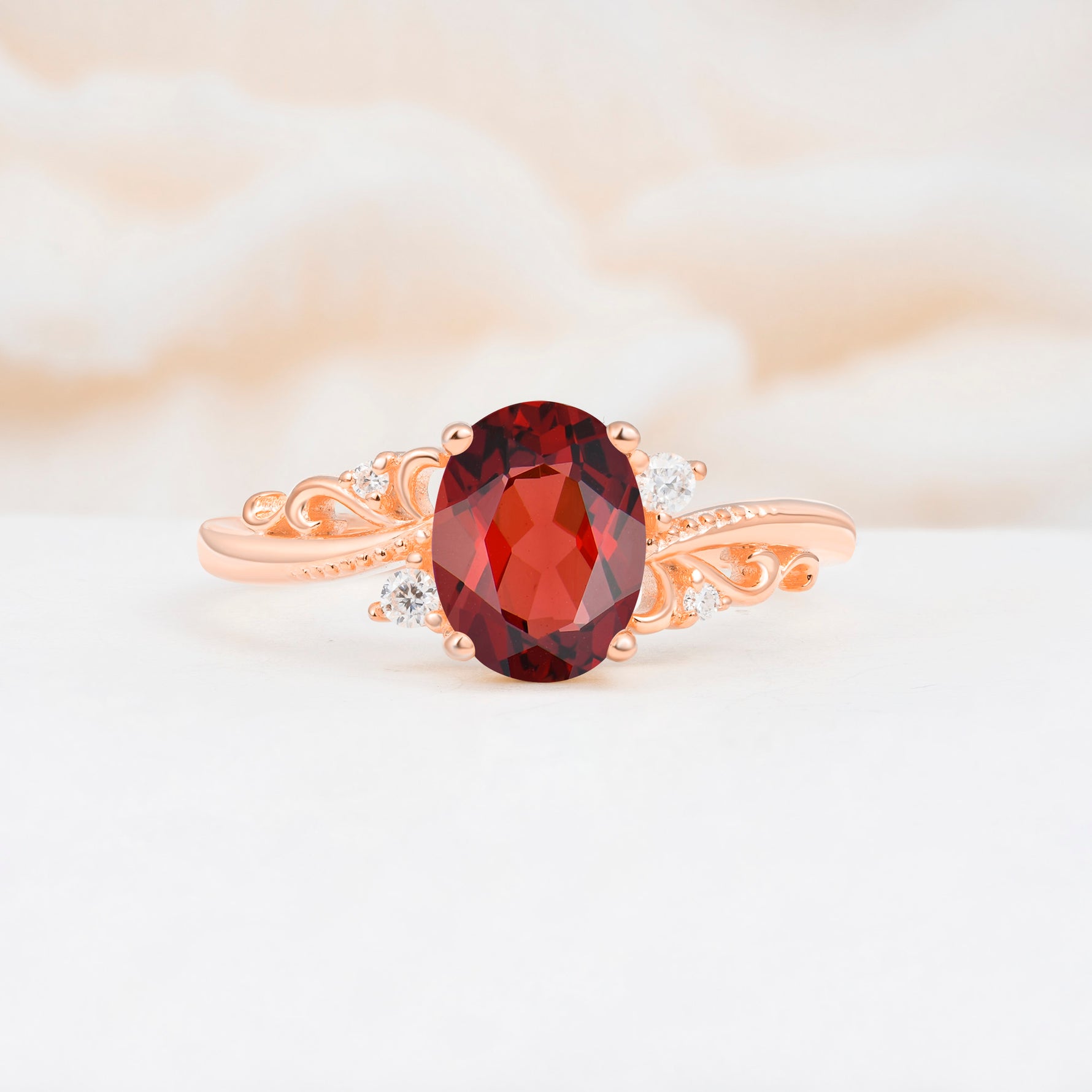 Romantic Oval Cut Twisted Scroll Side Stone Garnet Engagement Ring - Additional view
