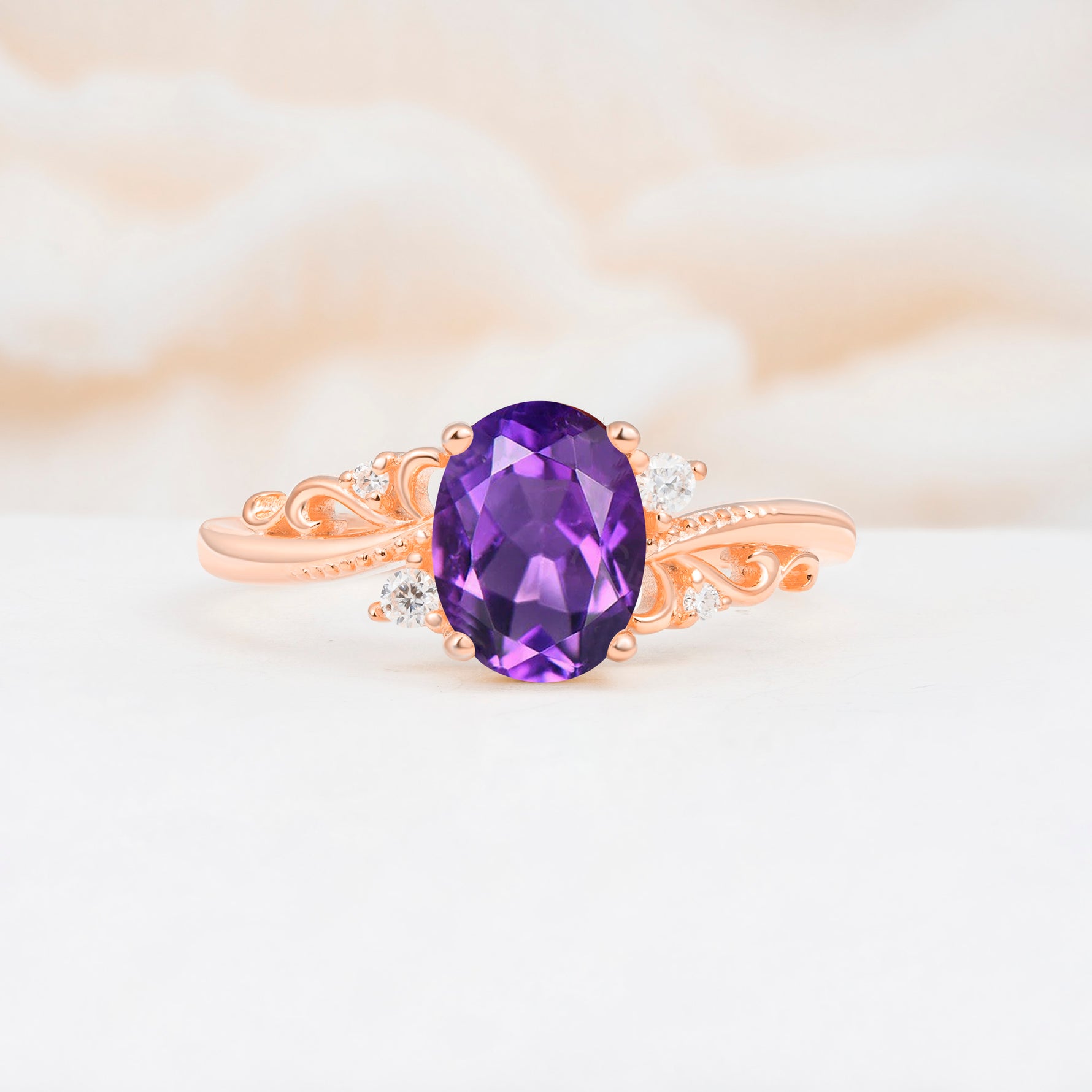 Romantic Oval Cut Twisted Scroll Side Stone Amethyst Engagement Ring - Additional view