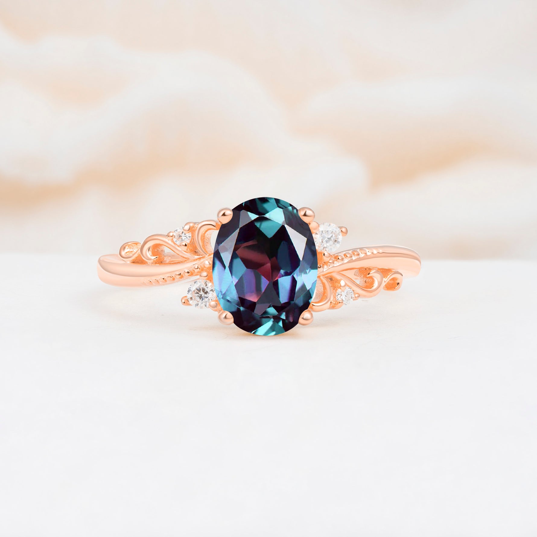 Romantic Oval Cut Twisted Scroll Side Stone Alexandrite Engagement Ring - Additional view