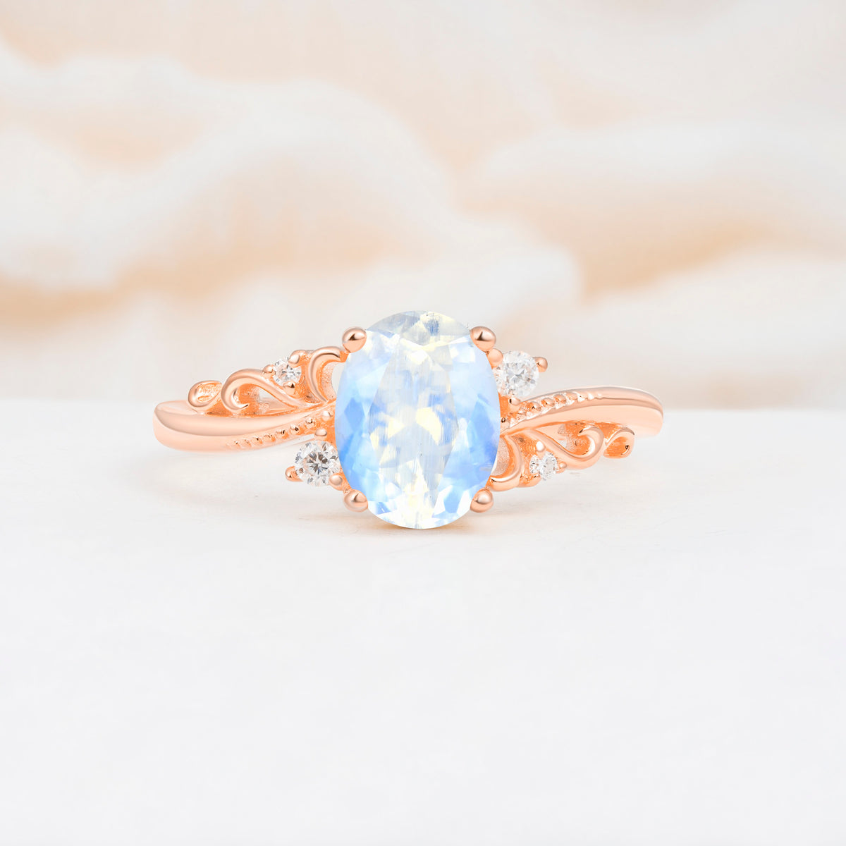 Romantic Oval Cut Twisted Scroll Side Stone Moonstone Engagement Ring - Additional view
