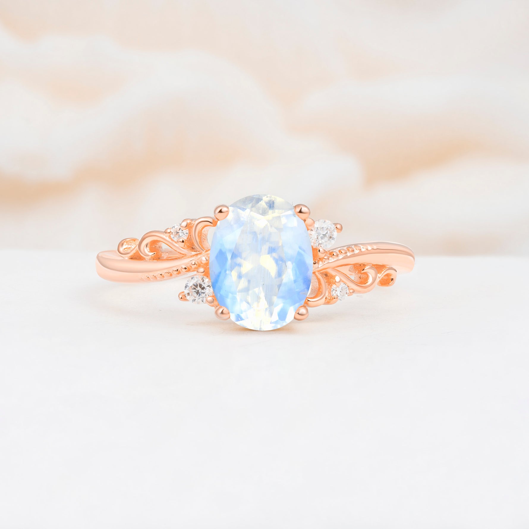 Romantic Oval Cut Twisted Scroll Side Stone Moonstone Engagement Ring - Additional view