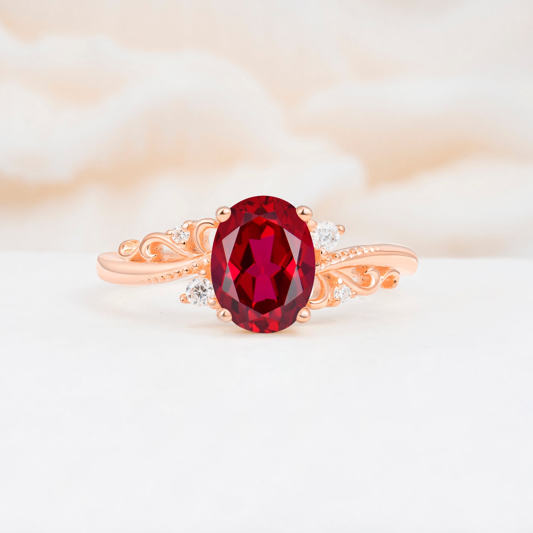 Romantic Oval Cut Twisted Scroll Side Stone Ruby Engagement Ring - Additional view