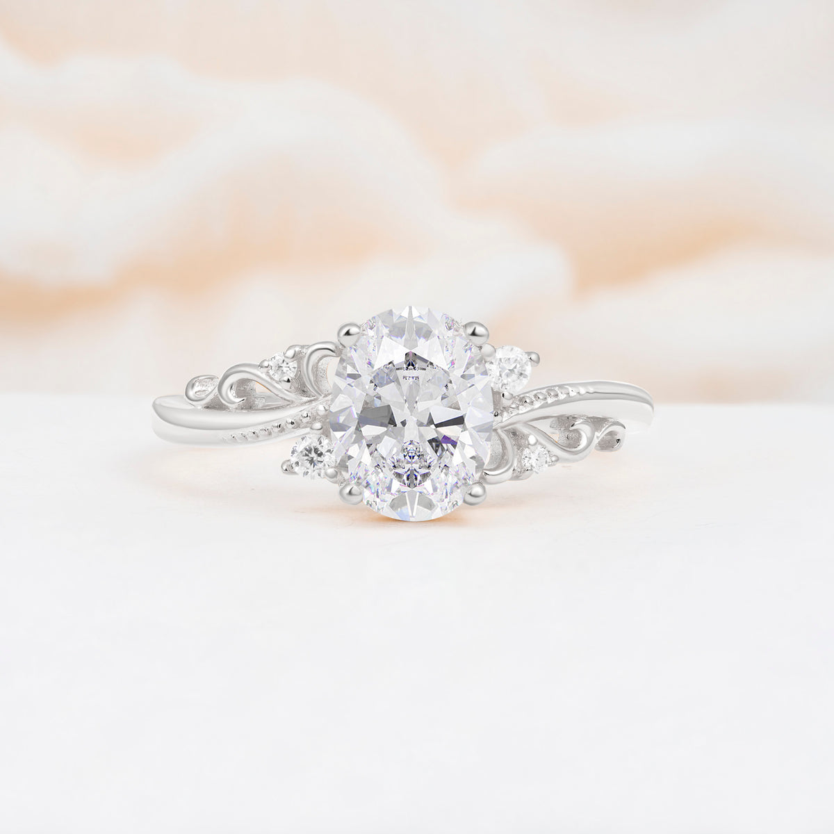 Romantic Oval Cut Twisted Scroll Side Stone Moissanite Engagement Ring - Additional view