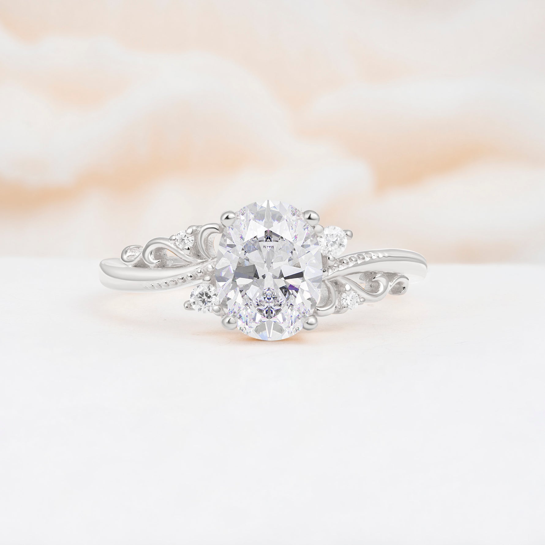 Romantic Oval Cut Twisted Scroll Side Stone Moissanite Engagement Ring - Additional view