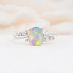 Romantic Oval Cut Twisted Scroll Side Stone Fire Opal Engagement Ring - Additional view