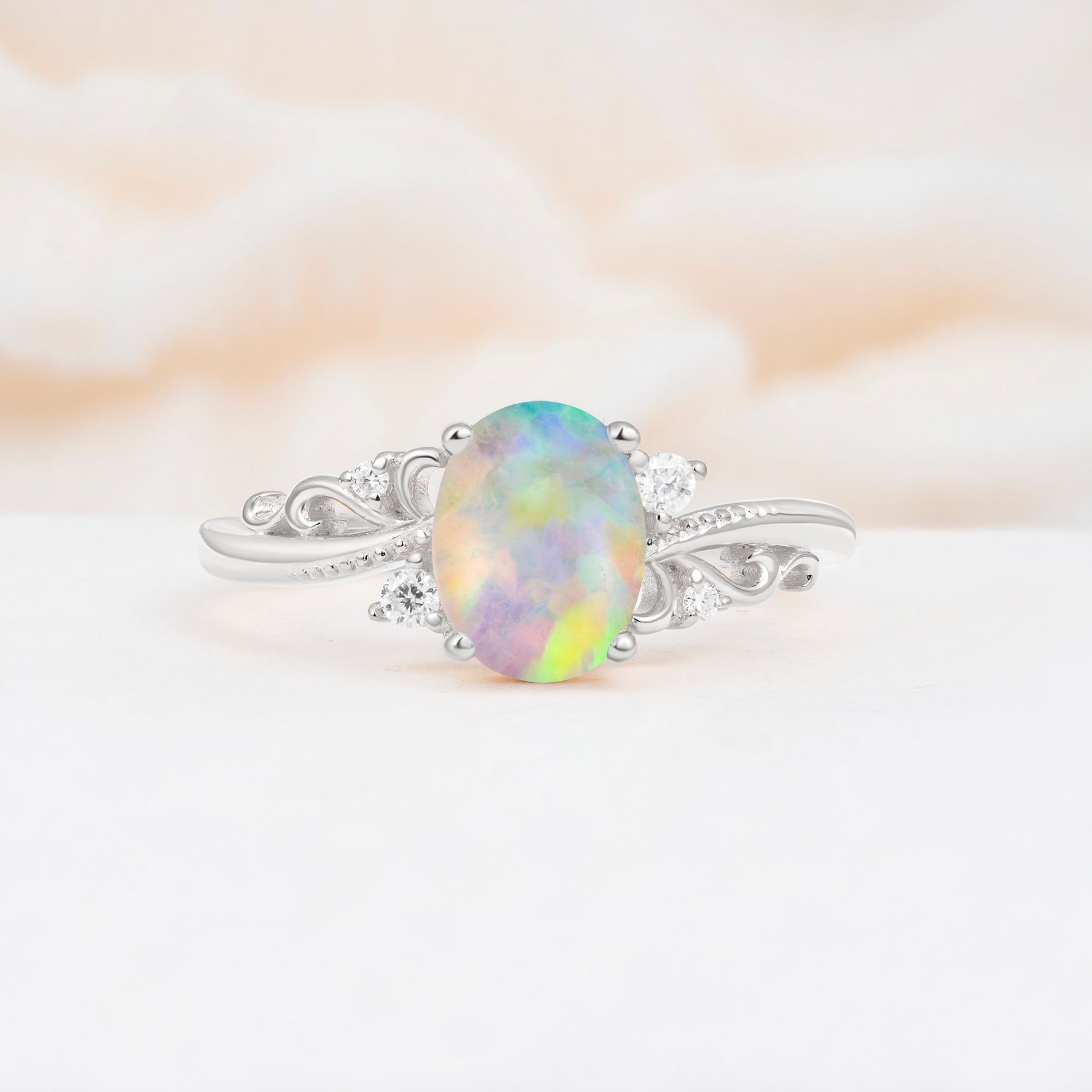 Romantic Oval Cut Twisted Scroll Side Stone Fire Opal Engagement Ring - Additional view