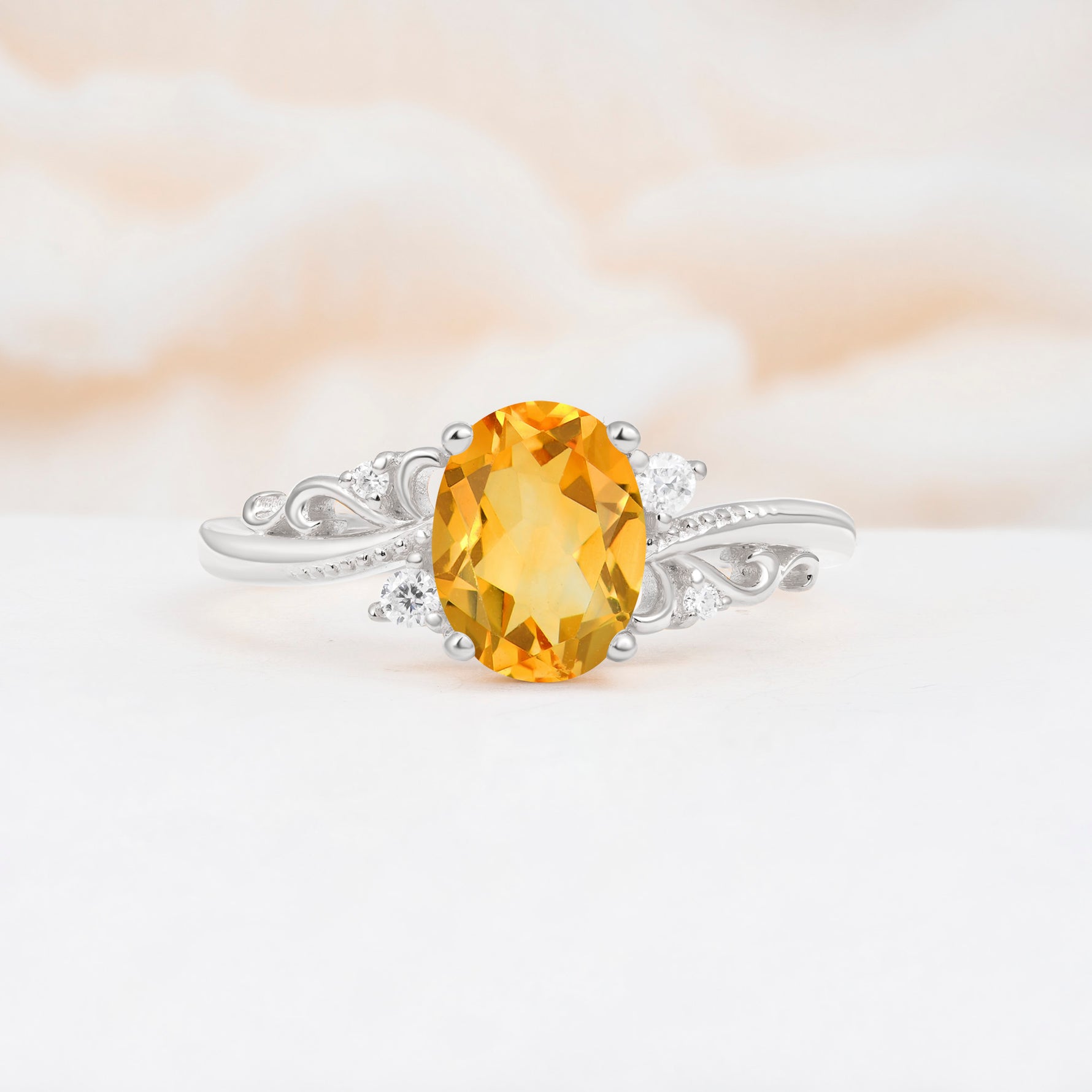 Romantic Oval Cut Twisted Scroll Side Stone Citrine Engagement Ring - Additional view