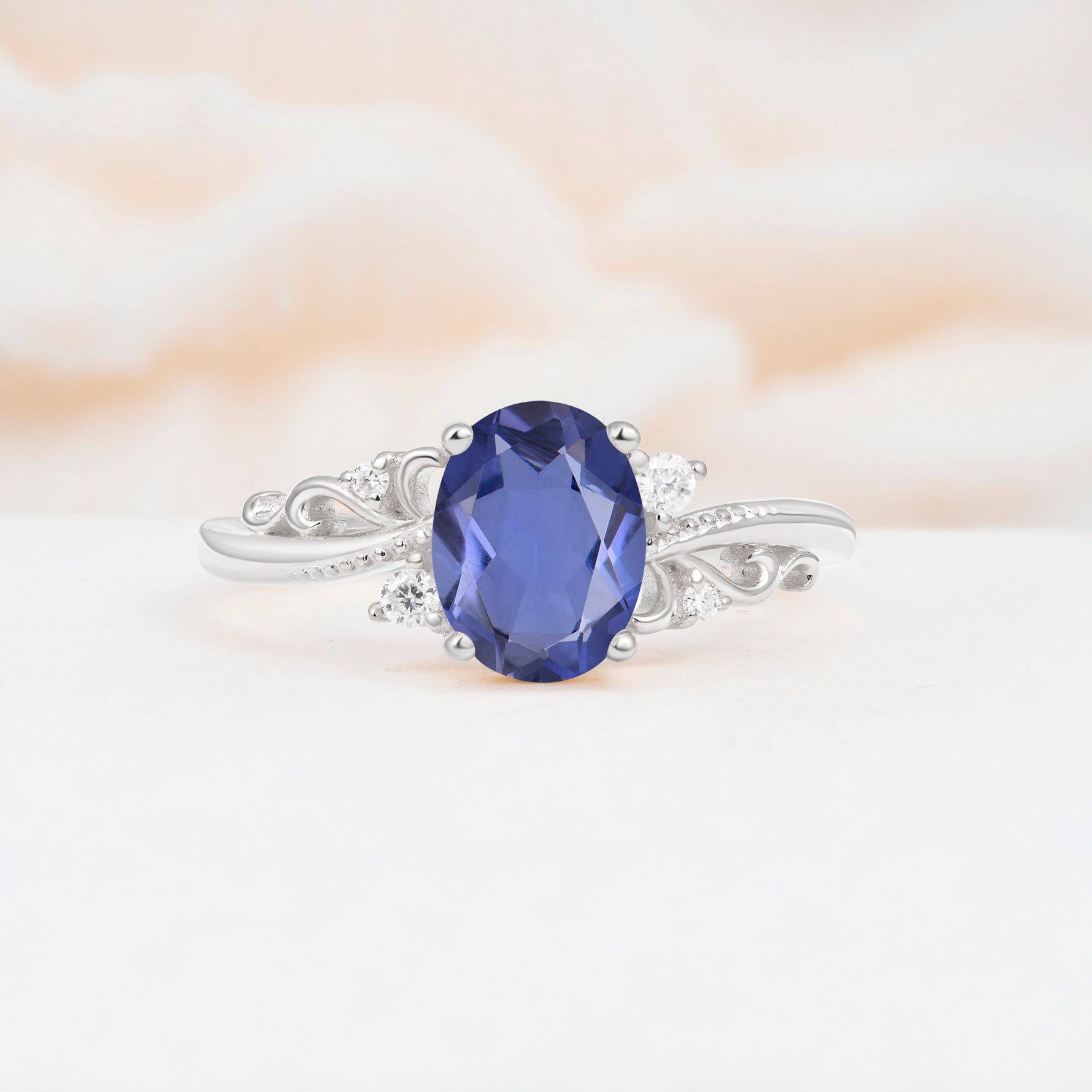 Romantic Oval Cut Twisted Scroll Side Stone Tanzanite Engagement Ring - Additional view