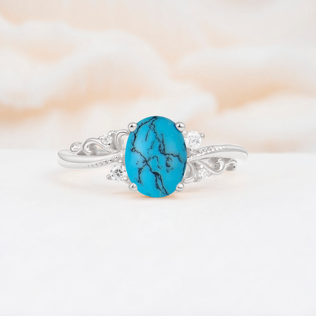 Romantic Oval Cut Twisted Scroll Side Stone Turquoise Engagement Ring - Additional view
