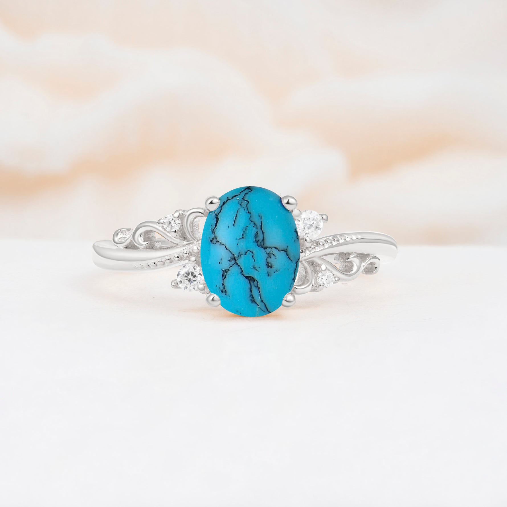 Romantic Oval Cut Twisted Scroll Side Stone Turquoise Engagement Ring - Additional view